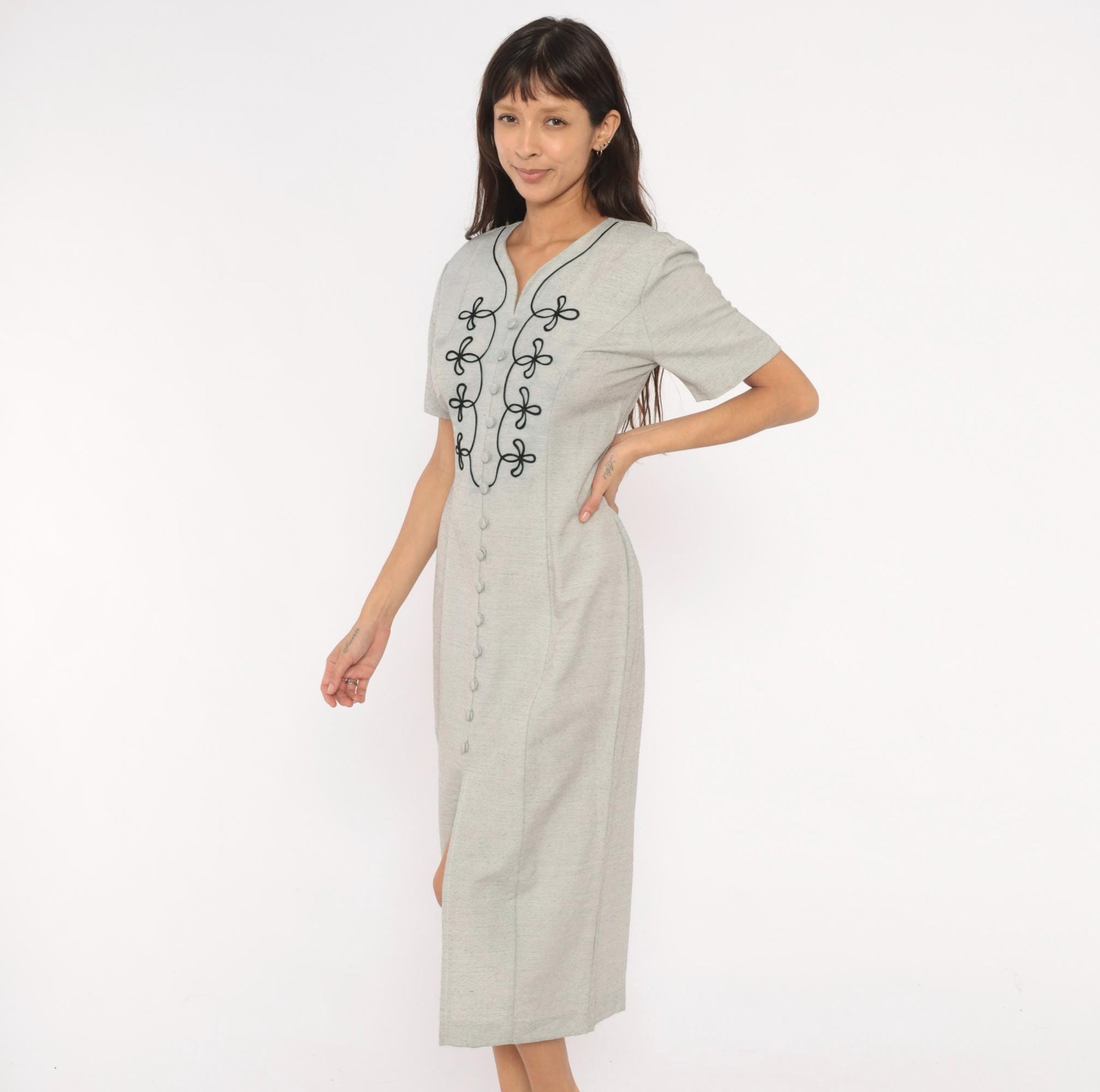 90s DJI Grey Midi Dress Soutache Embroidered Button Front V Neck Medium M