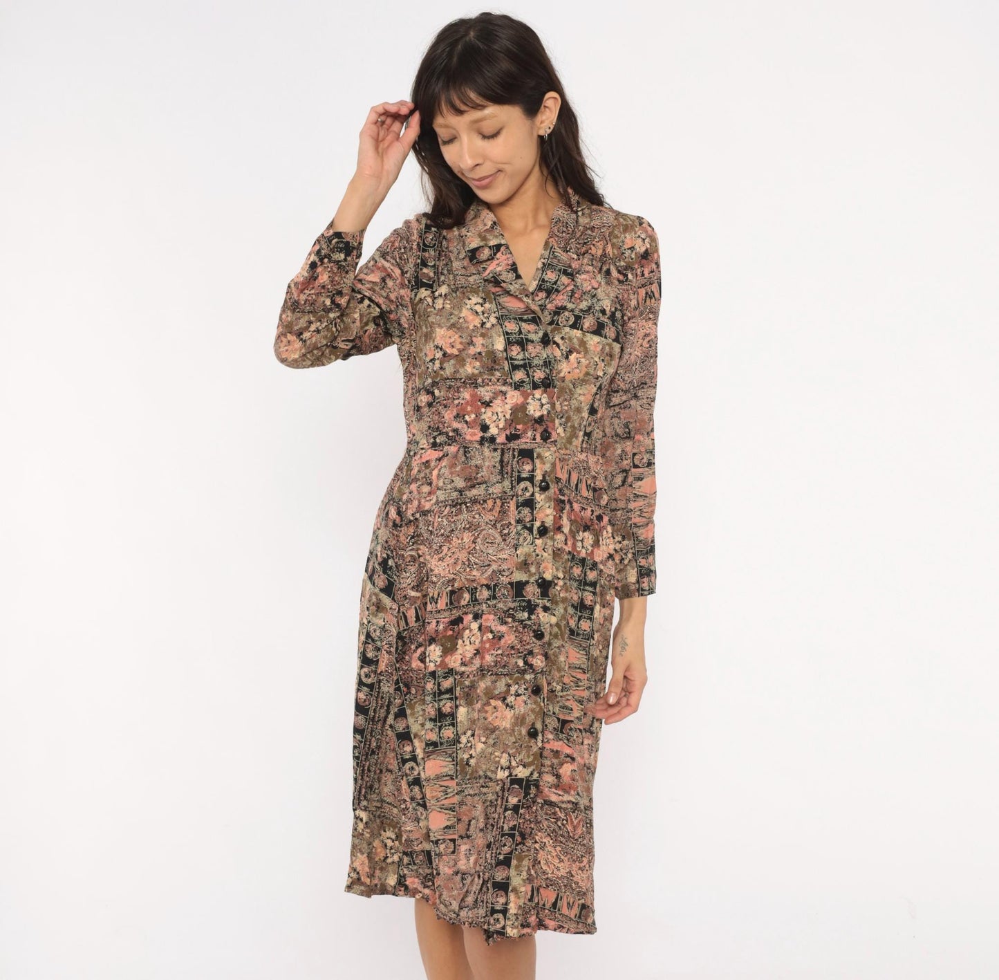 90s Patchwork Floral Midi Dress Paisley Mixed Print Pink Black Olive Small