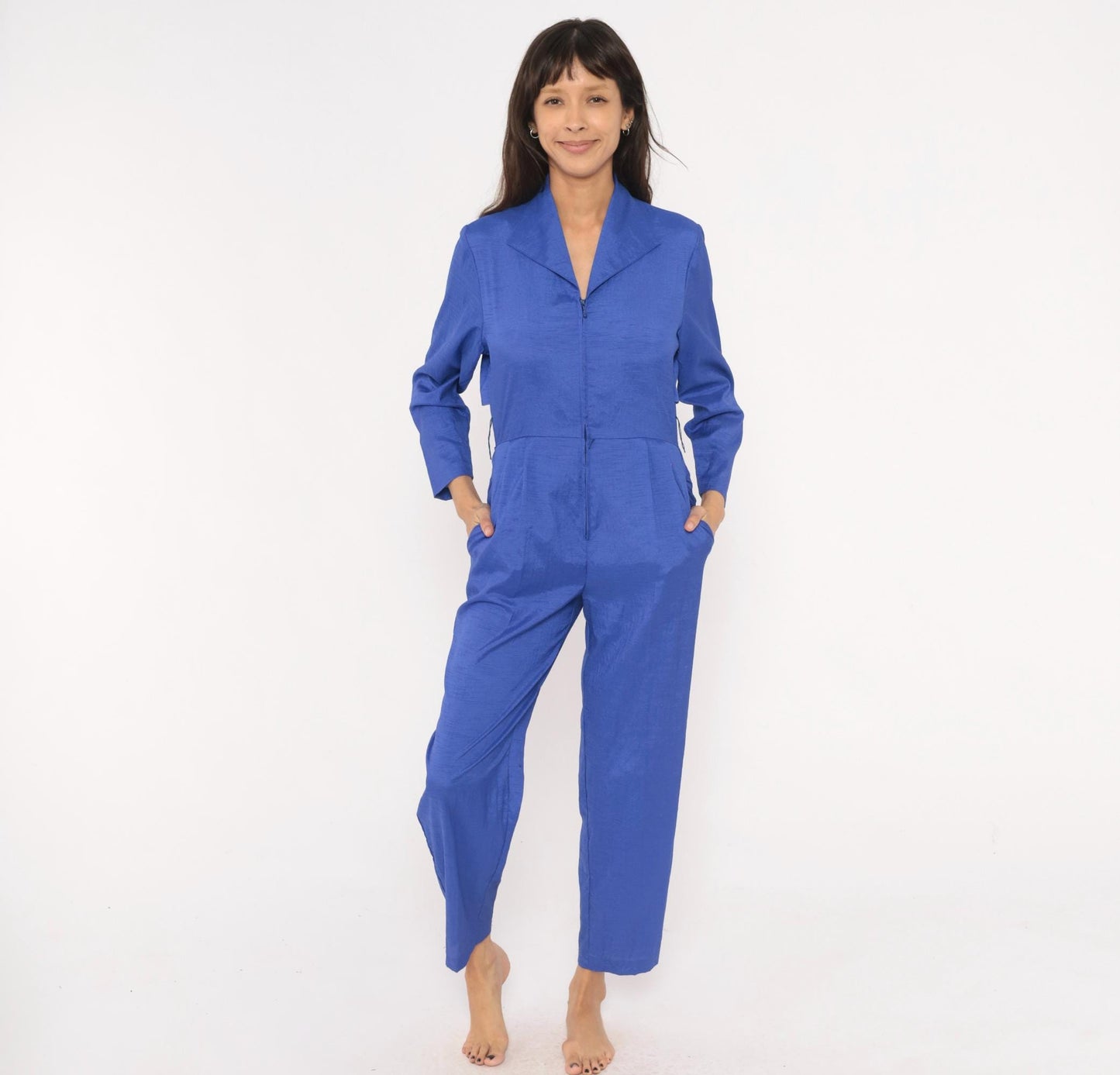 80s Joan Walters Cobalt Jumpsuit Long Sleeve Pleated Tapered Small