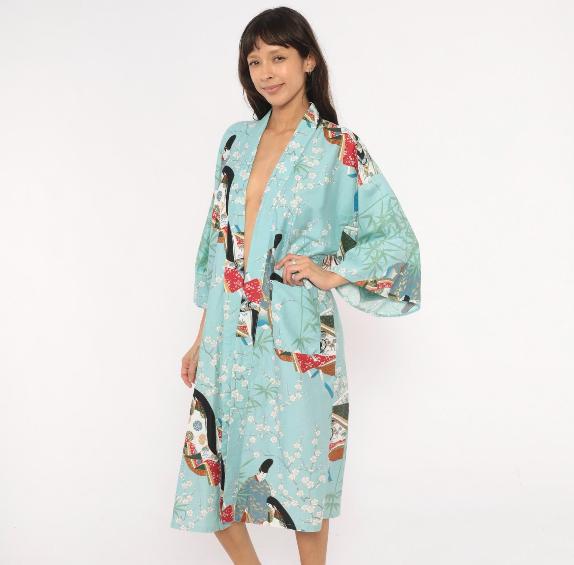 70s Hayashi Kimono Robe Blue Cotton Ukiyo-e Geisha Print Knee-Length Small