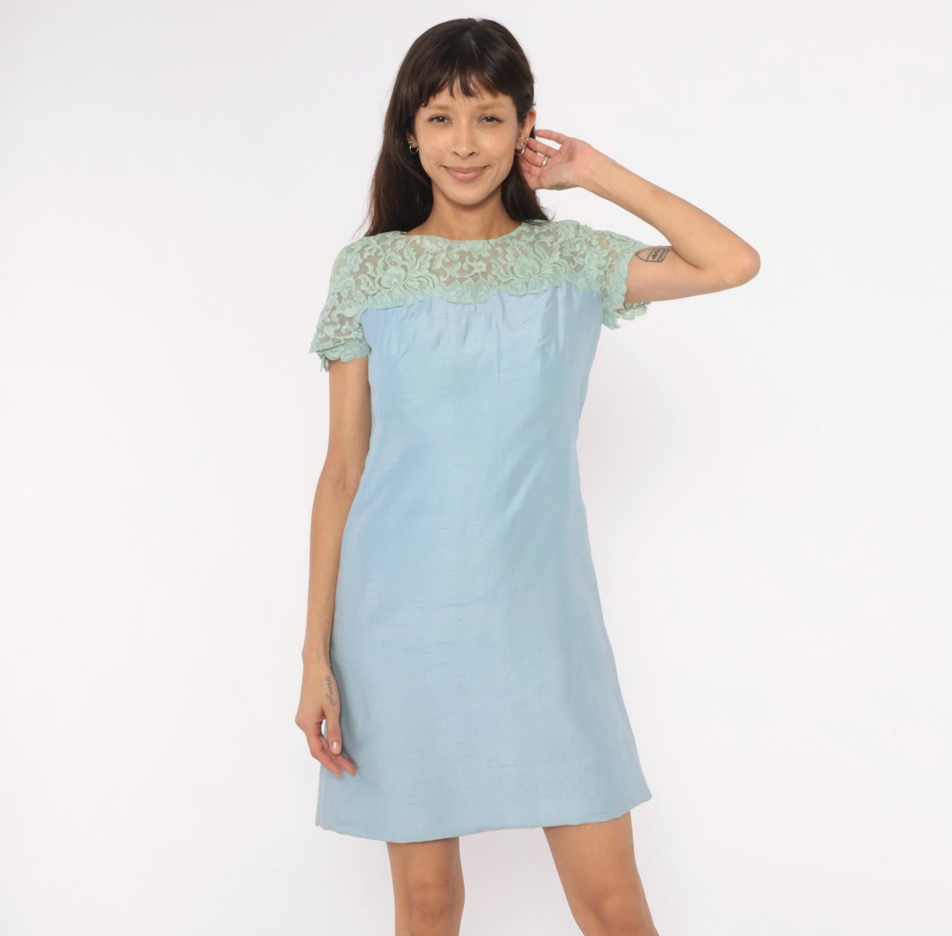 1960s Country Miss Mint Lace A-Line Shift Dress Powder Blue Small