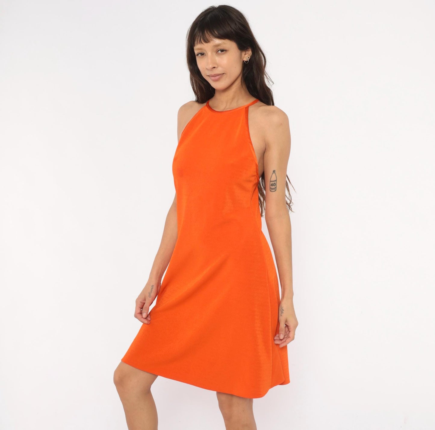 90s Jessica Howard Orange Halter Dress Criss Cross Back Knee Length Small