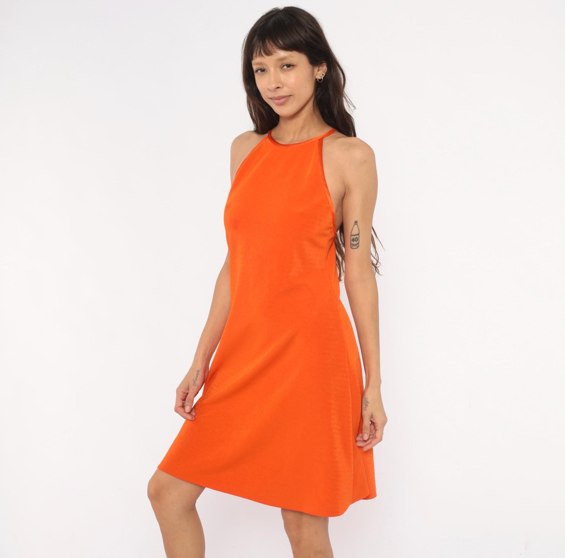90s Jessica Howard Orange Halter Dress Criss Cross Back Knee Length Small
