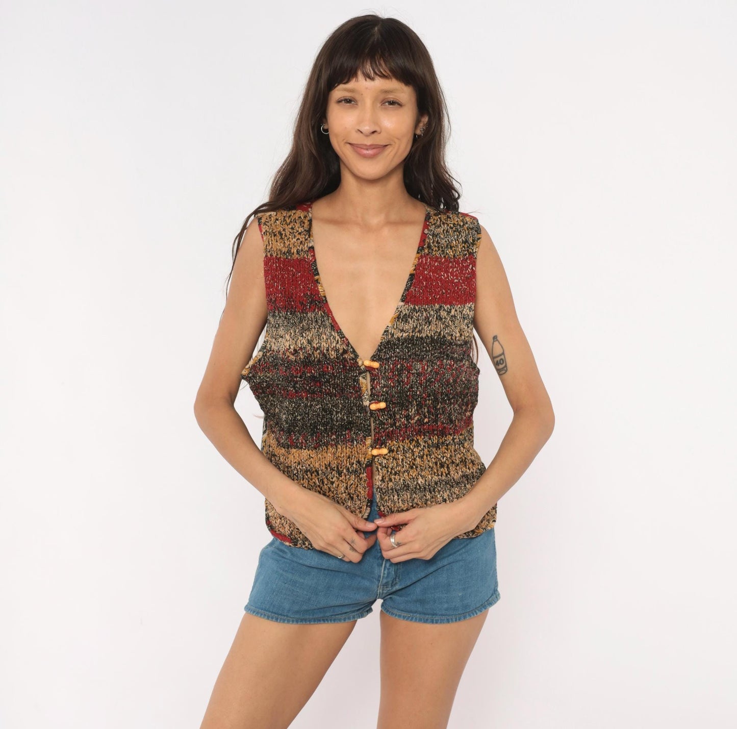 90s Knit Vest Multicolor Striped Toggle Button V-Neck Tan Red Black Medium M