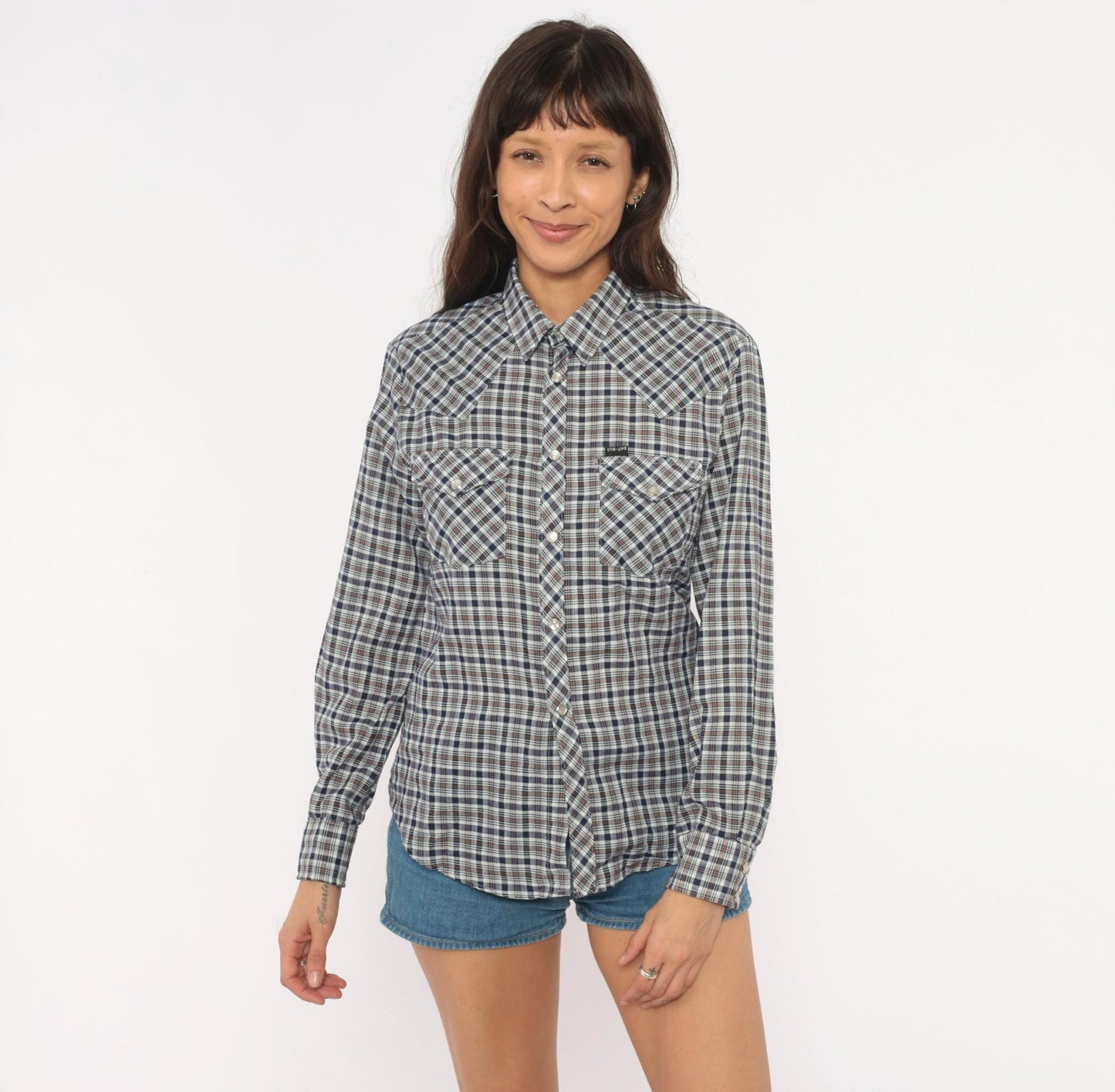 80s Stir Ups Western Plaid Pearl Snap Shirt Navy White Check Cotton Medium