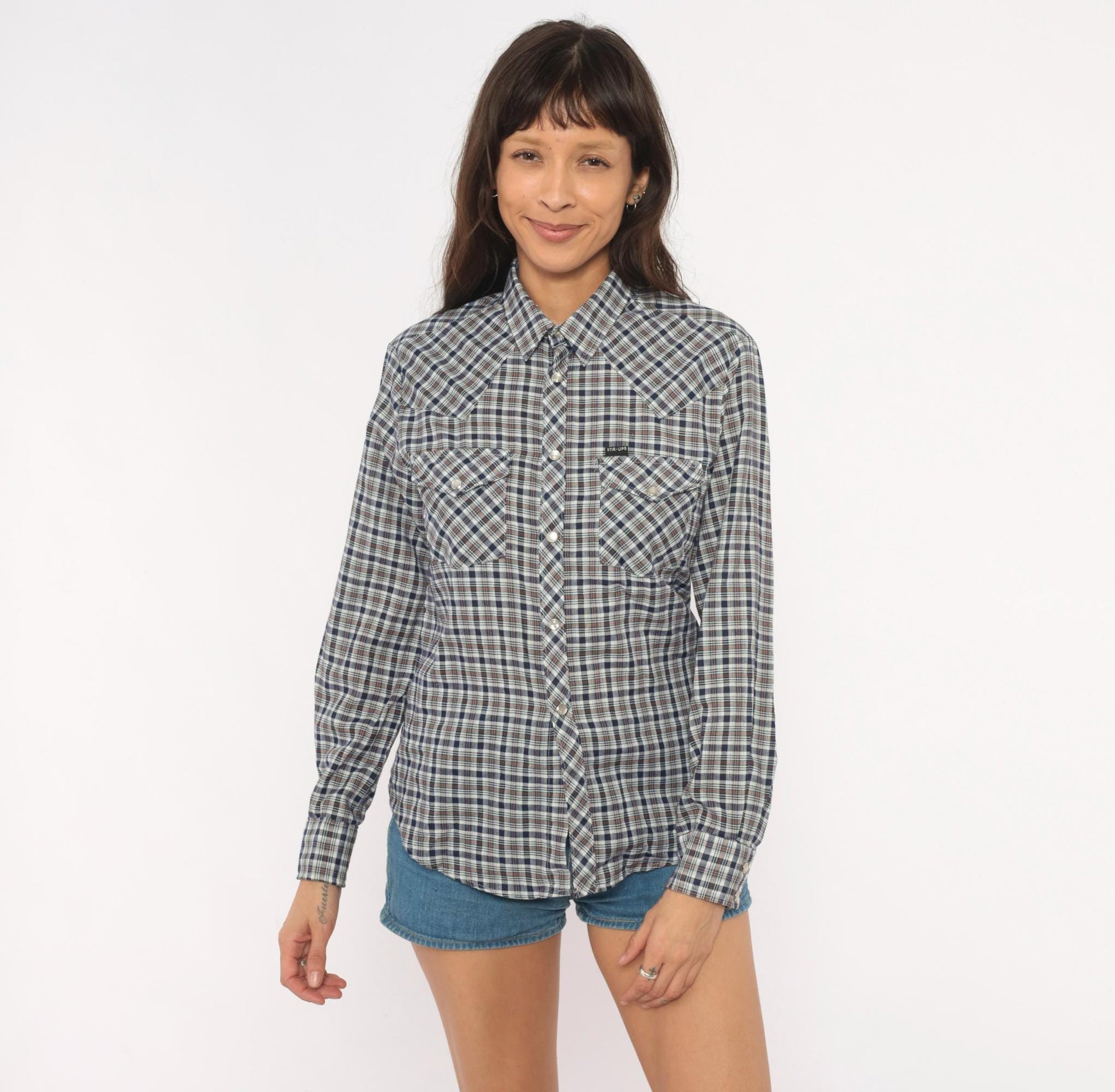 80s Stir Ups Western Plaid Pearl Snap Shirt Navy White Check Cotton Medium