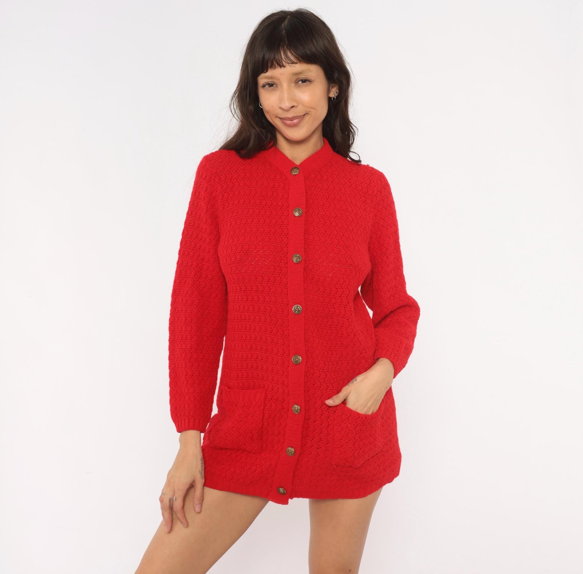 70s Bans Knits Red Cardigan Gold Buttons Mandarin Collar Textured Medium M