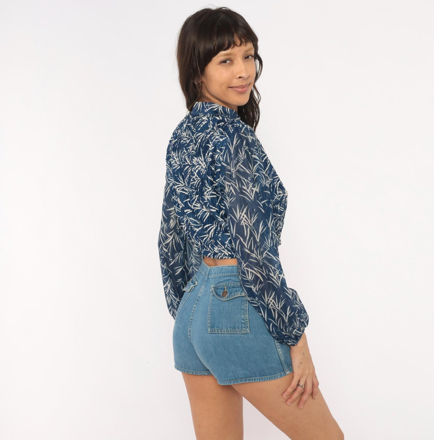 80s Liz Roberts Bamboo Leaf Crop Blouse Navy Mandarin Collar Balloon Sleeve Medium