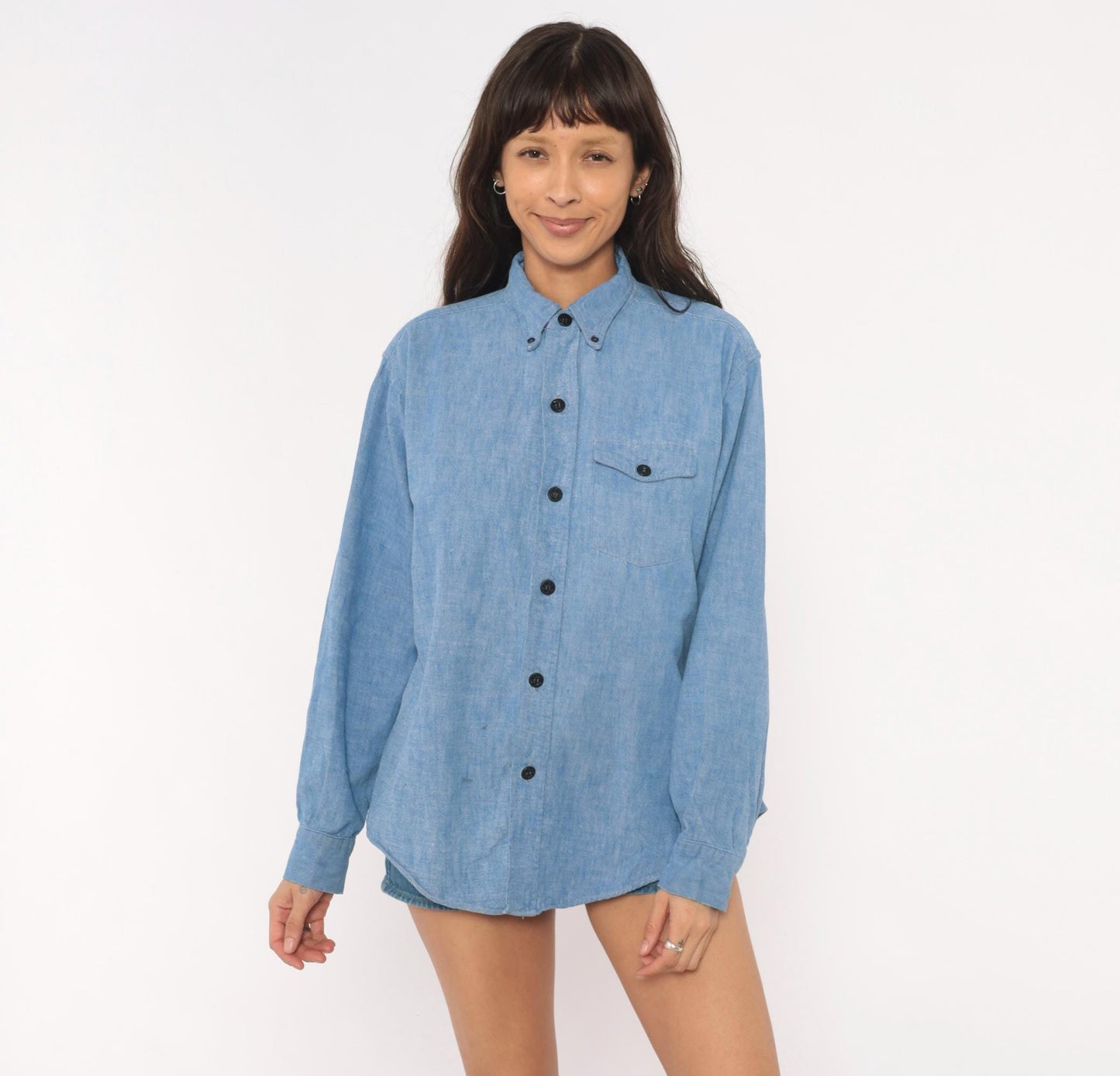 70s Blue Chambray Button Down Shirt Anchor Buttons Cotton Work Wear Medium