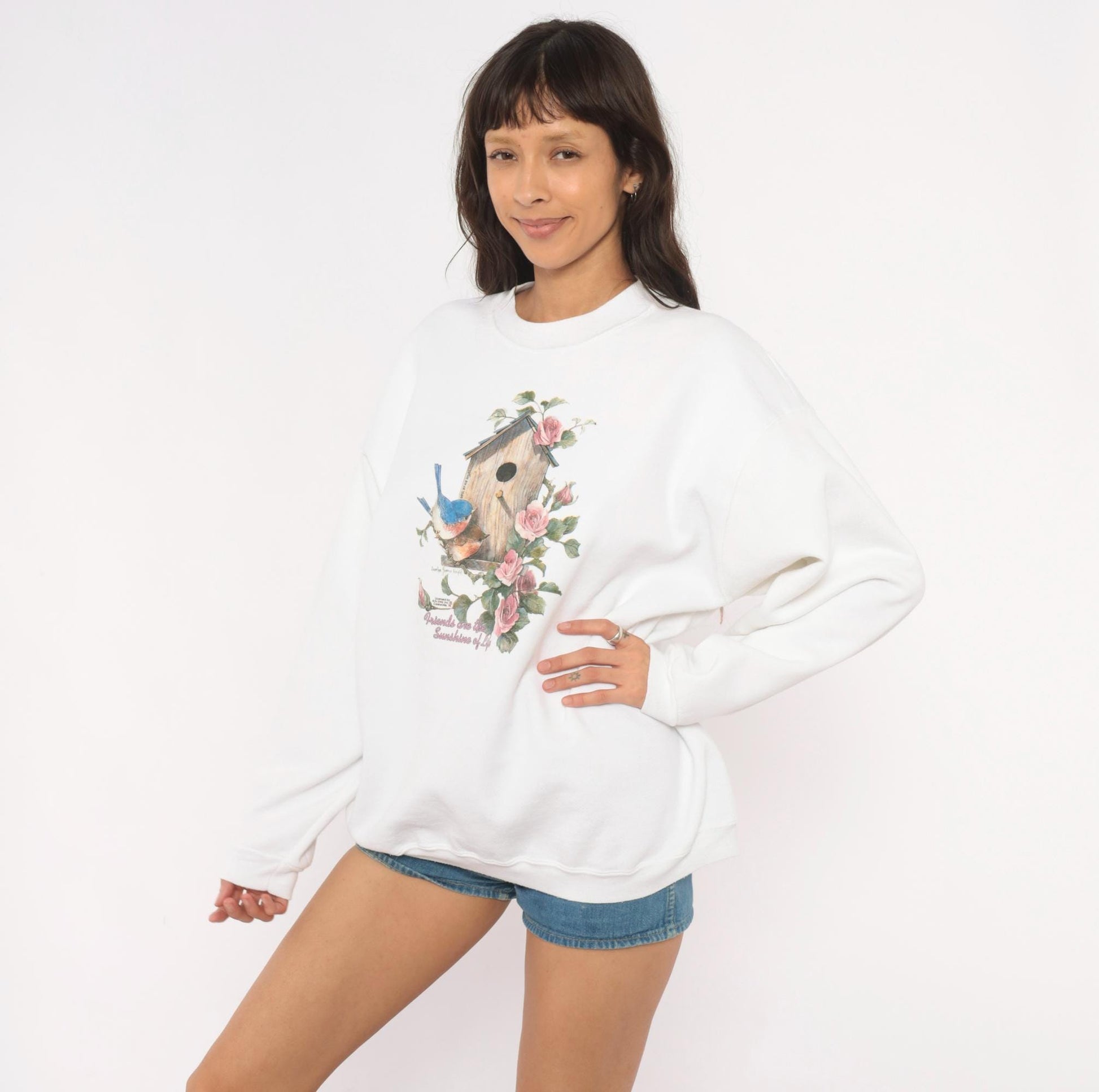 90s Birdhouse Roses Crewneck Sweatshirt White Graphic Floral Extra Large