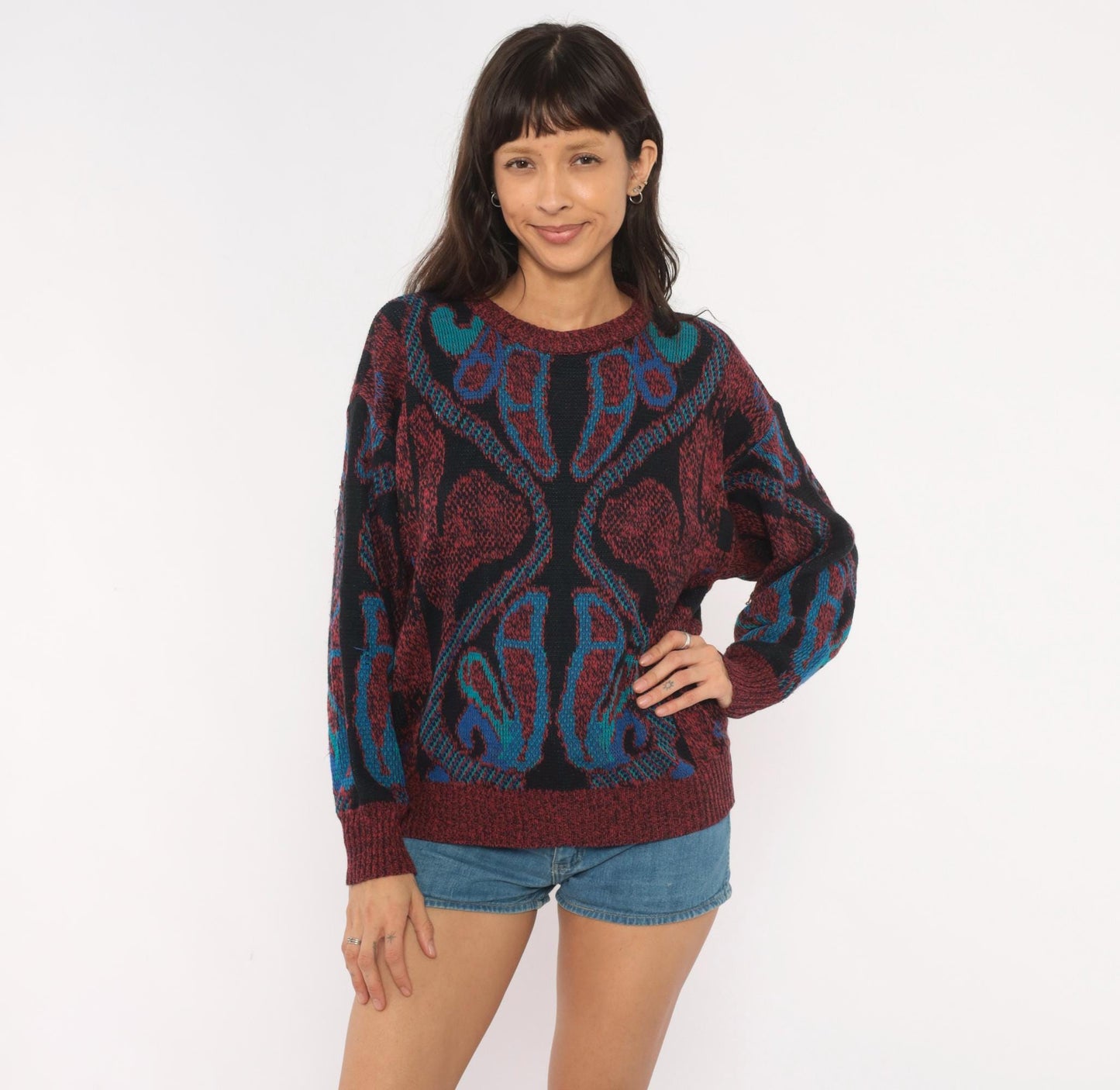 80s City Streets Abstract Knit Sweater Burgundy Teal Intarsia Medium