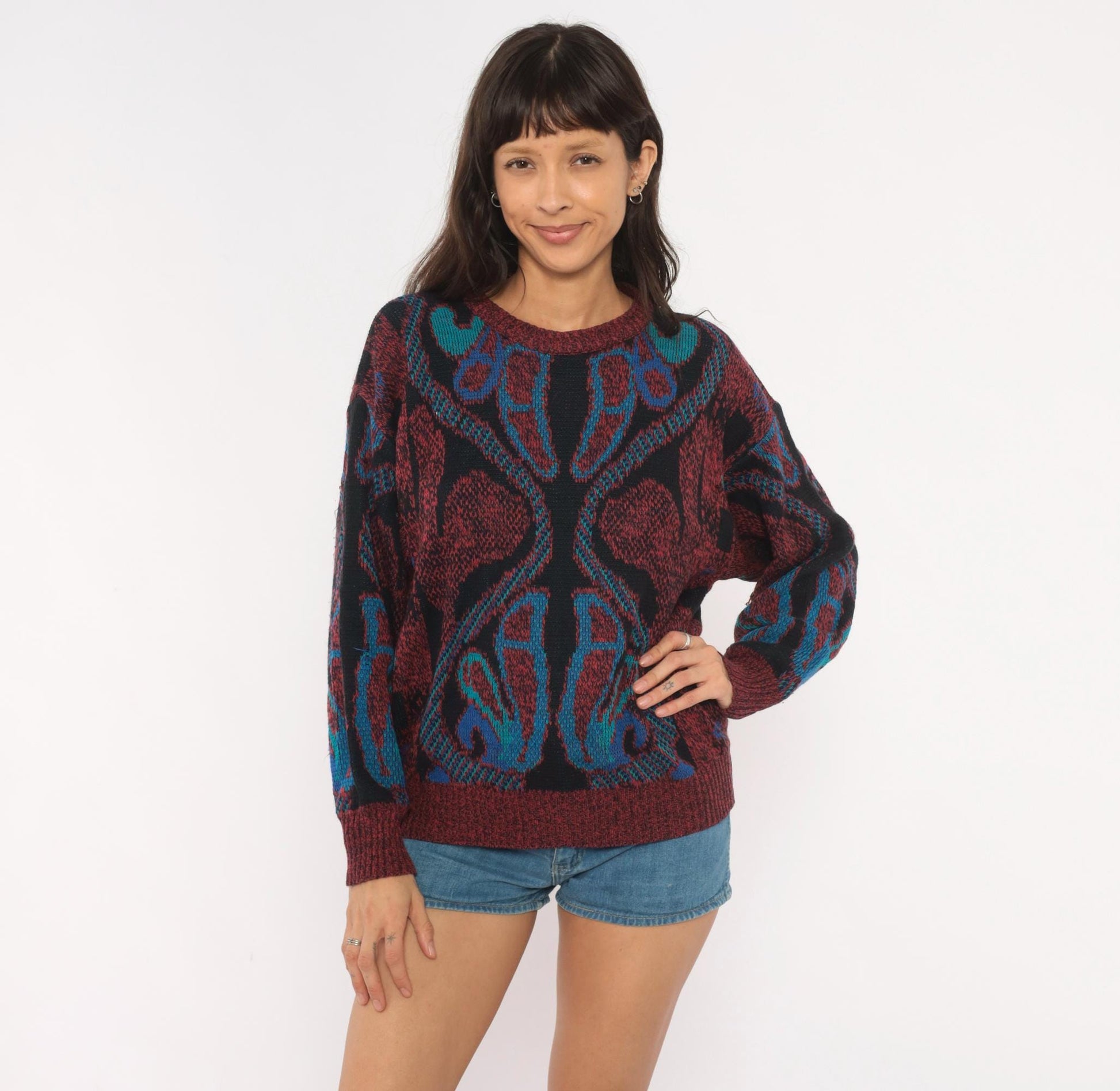 80s City Streets Abstract Knit Sweater Burgundy Teal Intarsia Medium