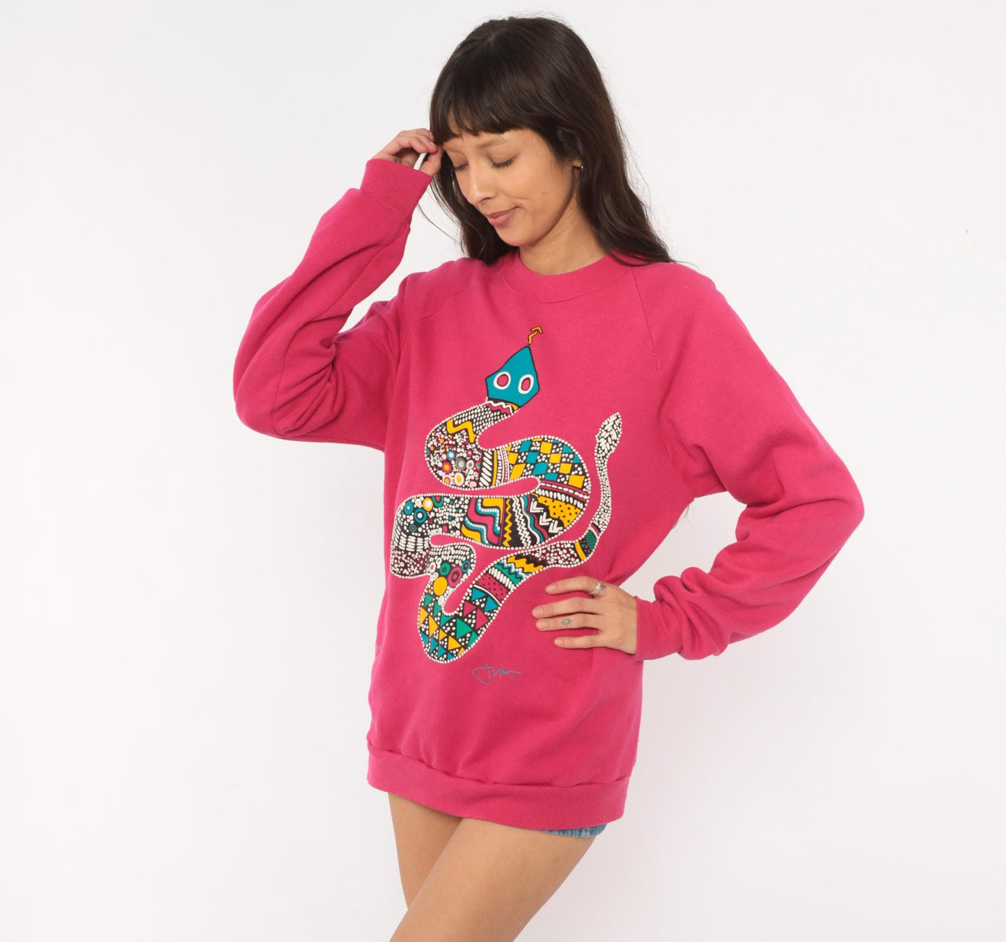 90s National Screenprint Snake Tribal Sweatshirt Hot Pink Raglan Large