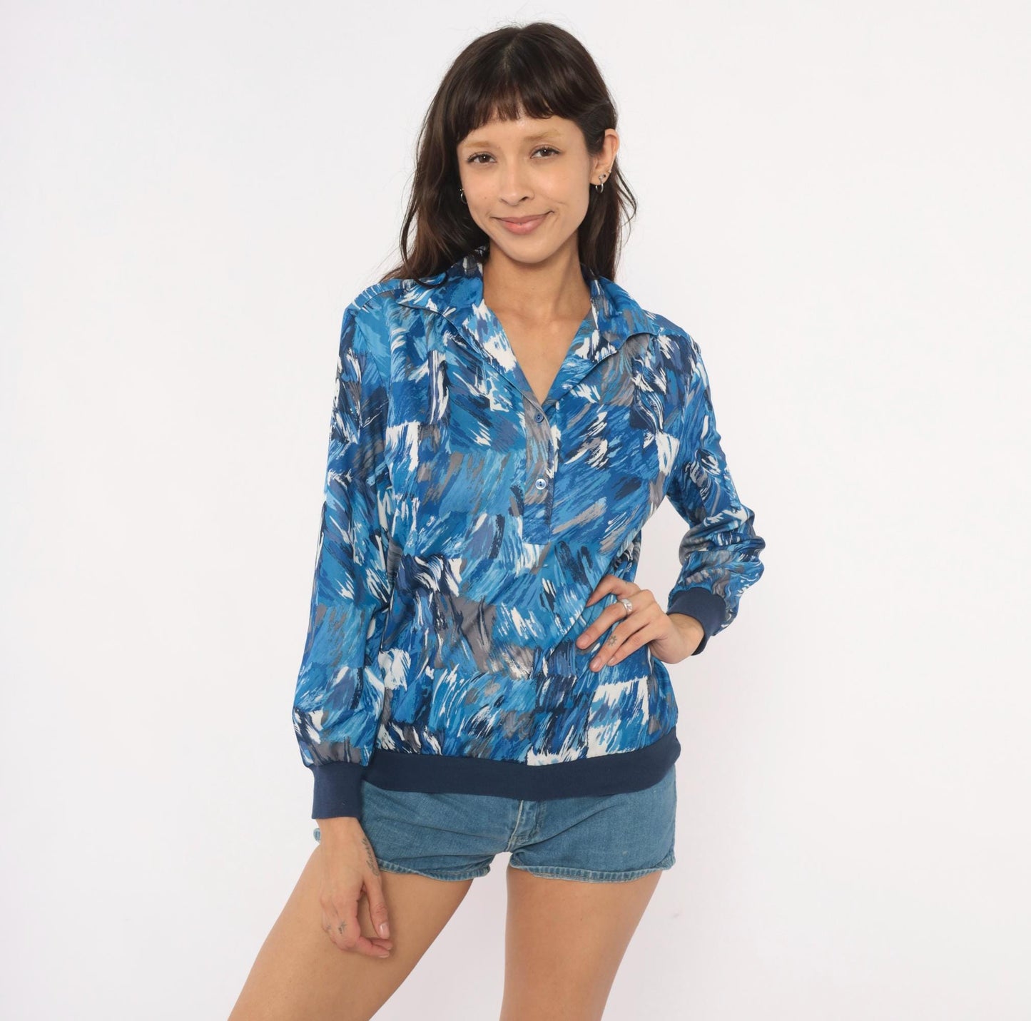 70s Abstract Brushstroke Blouse Cobalt Navy Grey Collared V-Neck Medium