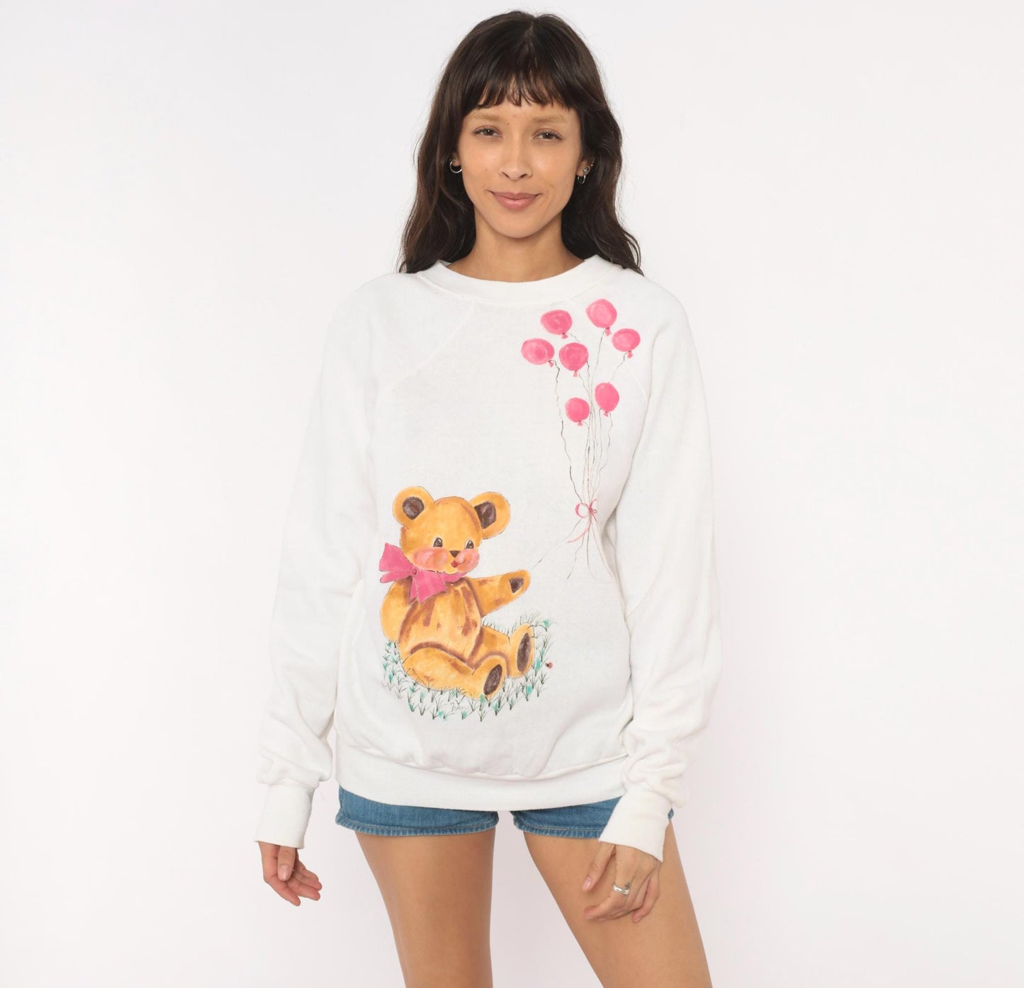 90s Hand-Painted Teddy Bear Sweatshirt White Pink Balloons Raglan Extra Large XL