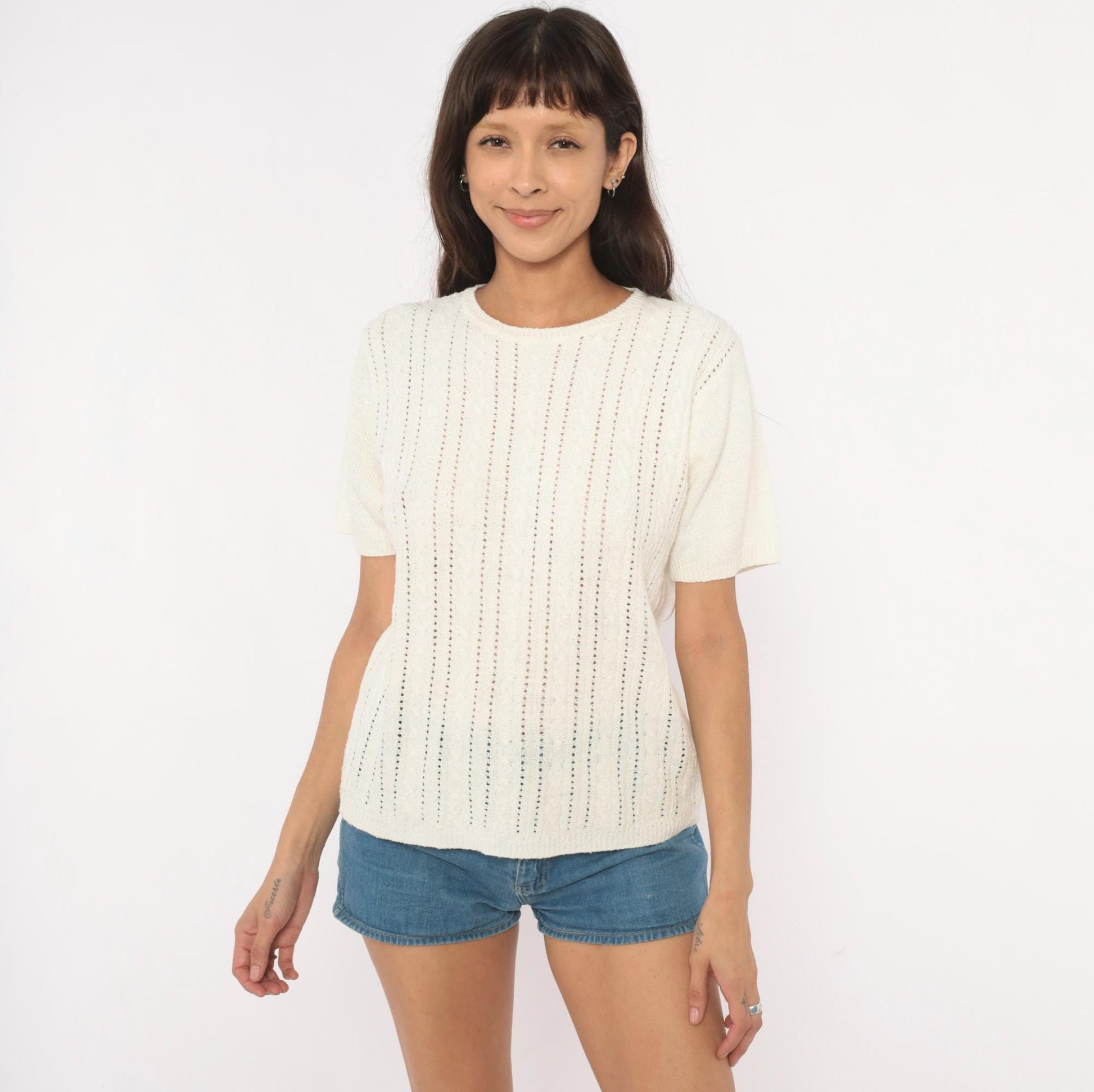 80s Pointelle Cable Knit Pullover Cream Short Sleeve Scoop Neck Large L