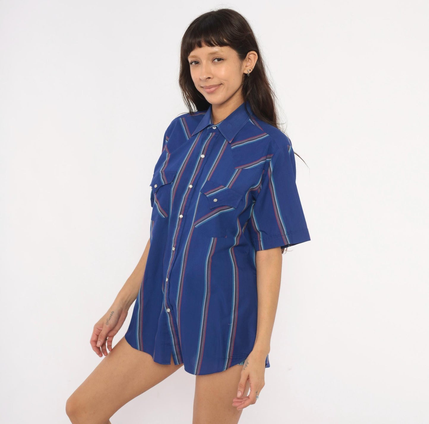 90s Ely Cattleman Western Snap Shirt Cobalt Blue Striped Pearl Button Medium M