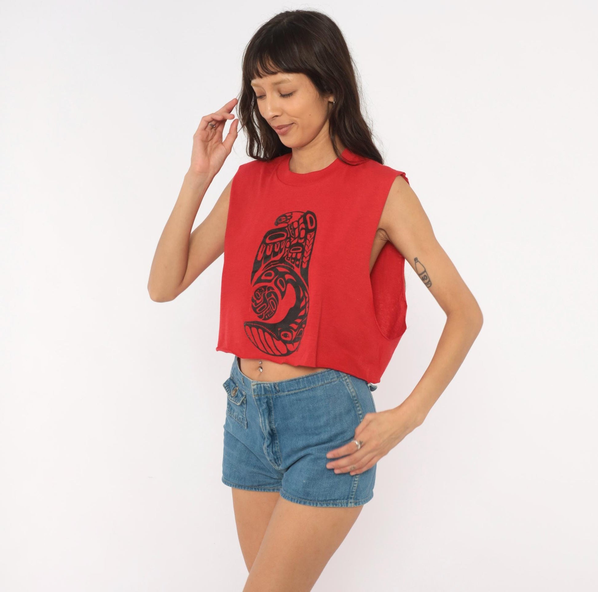 80s Healthknit Red Crop Tank Tribal Totem Print Black Sleeveless Small