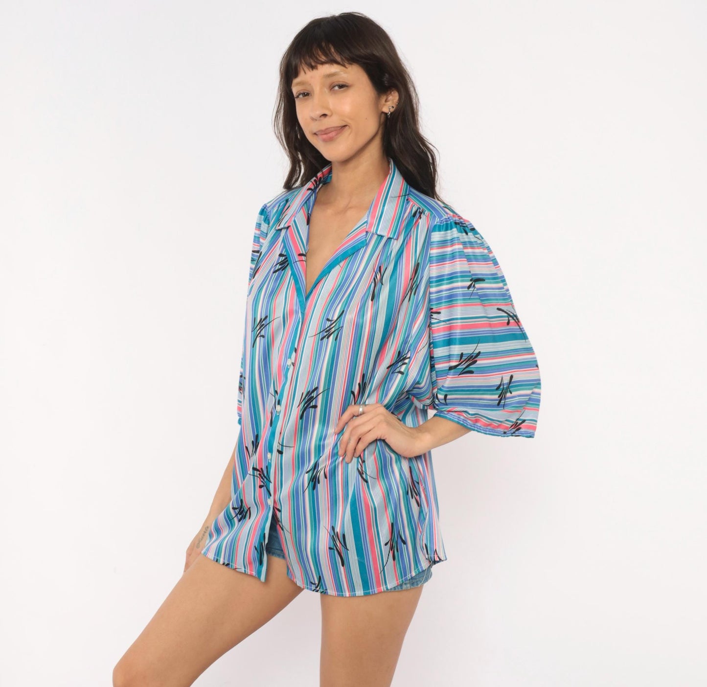 70s Illusions Striped Button Blouse Teal Pink Leaf Print Puff Sleeve Large