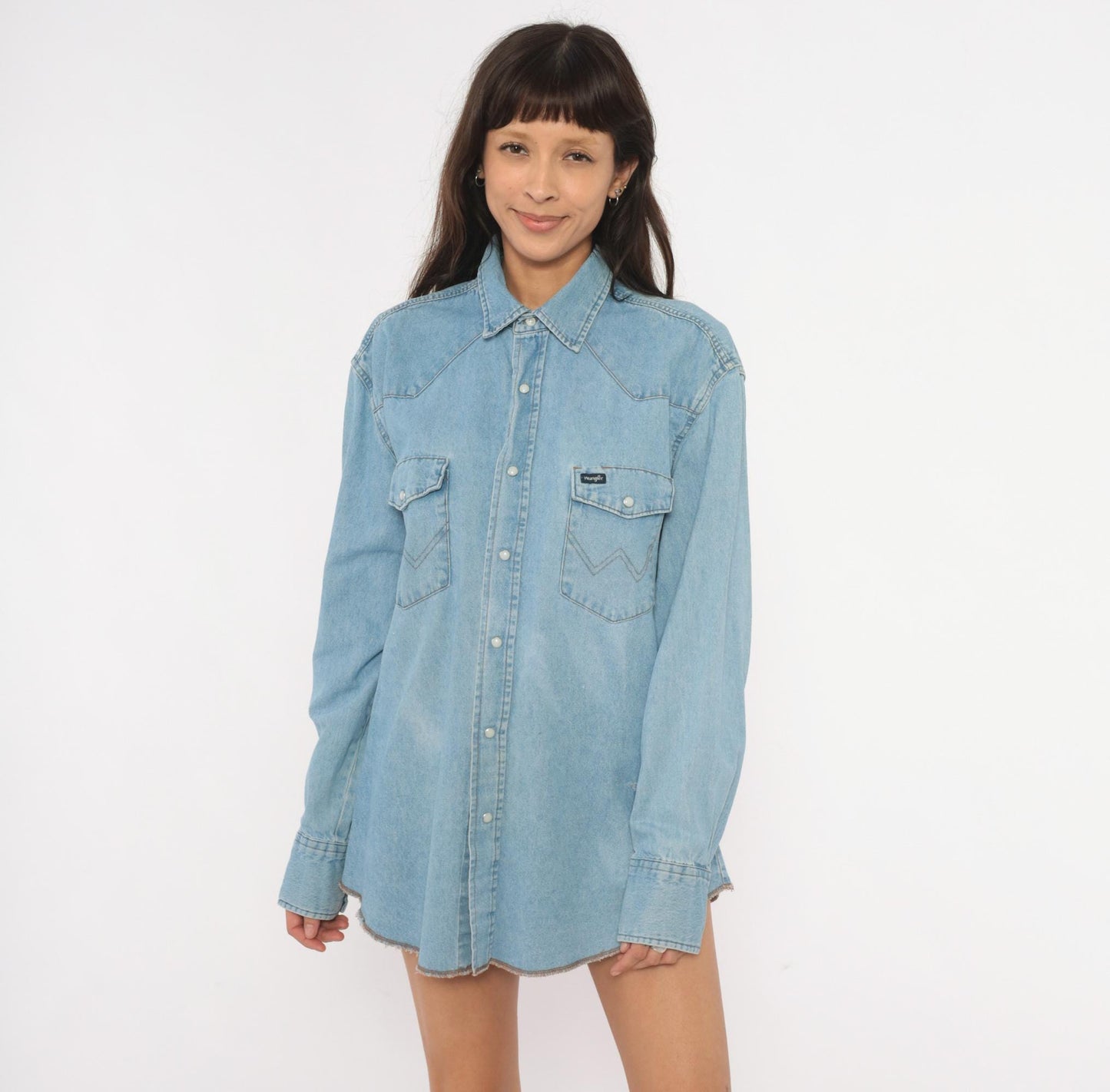 90s Wrangler Western Denim Shirt Pearl Snap Light Blue Cotton Large L