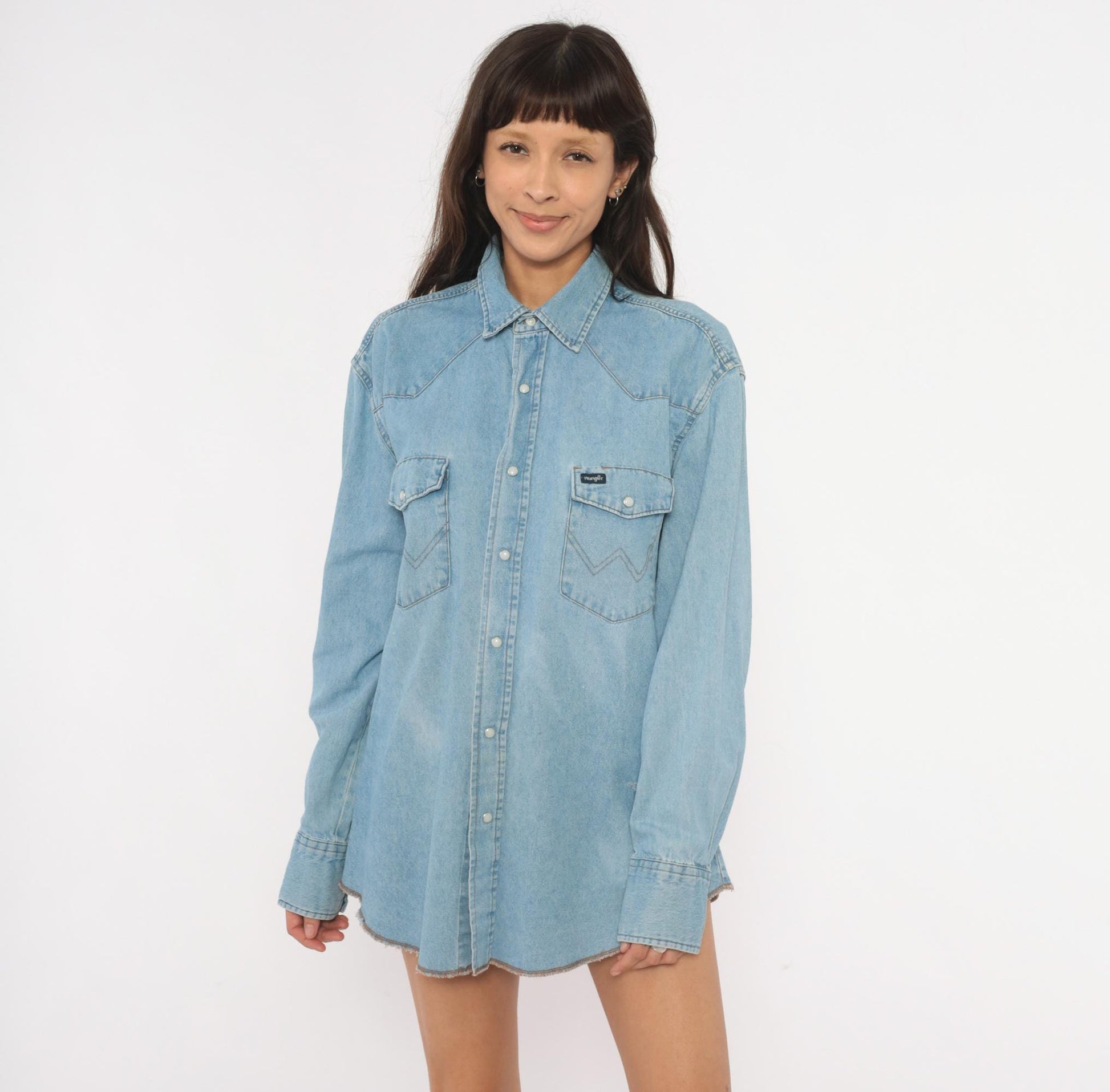 90s Wrangler Western Denim Shirt Pearl Snap Light Blue Cotton Large L