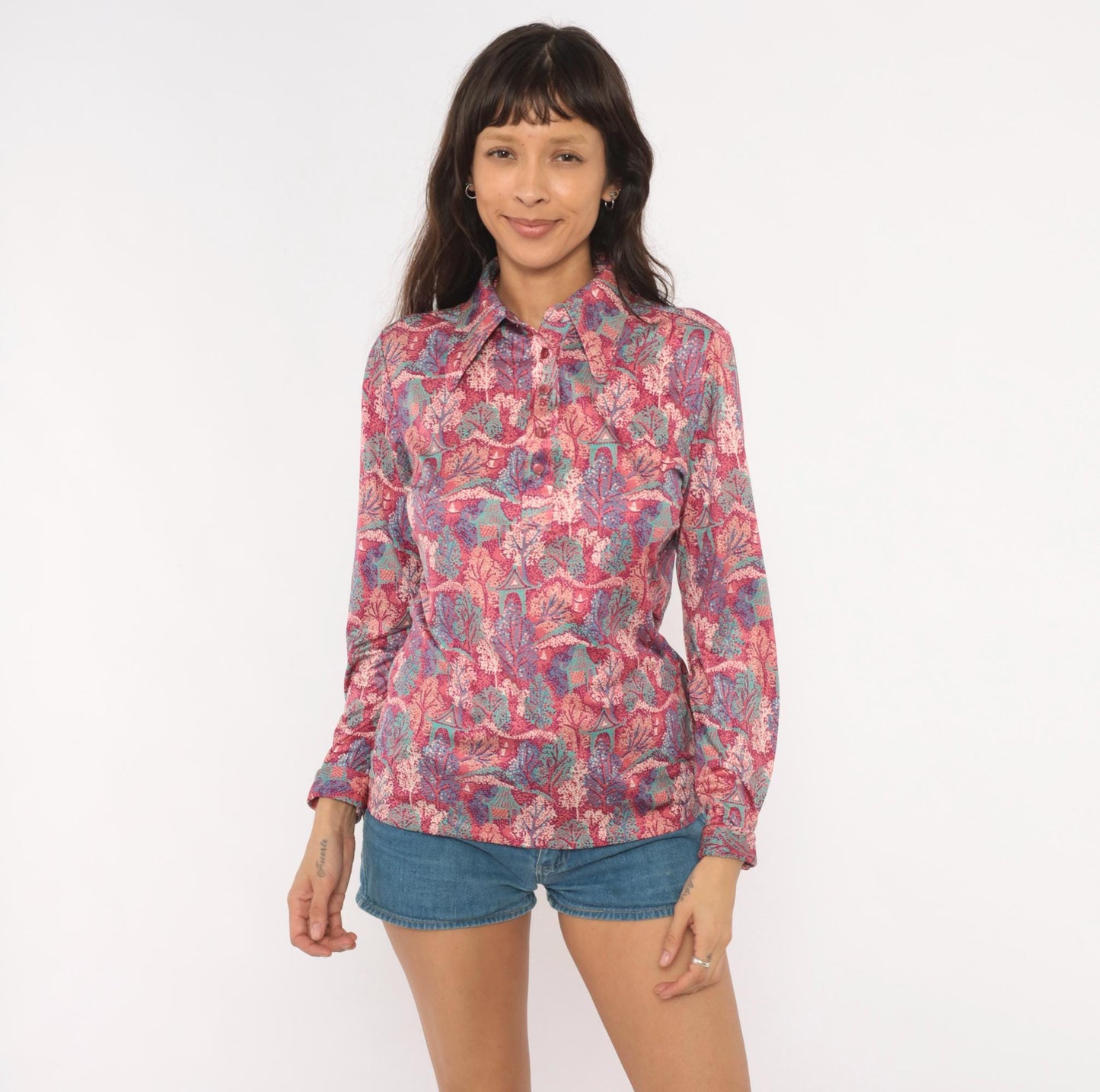 70s Pointillist Tree Blouse Pink Teal Woodland Polo Collar Bishop Sleeve Medium
