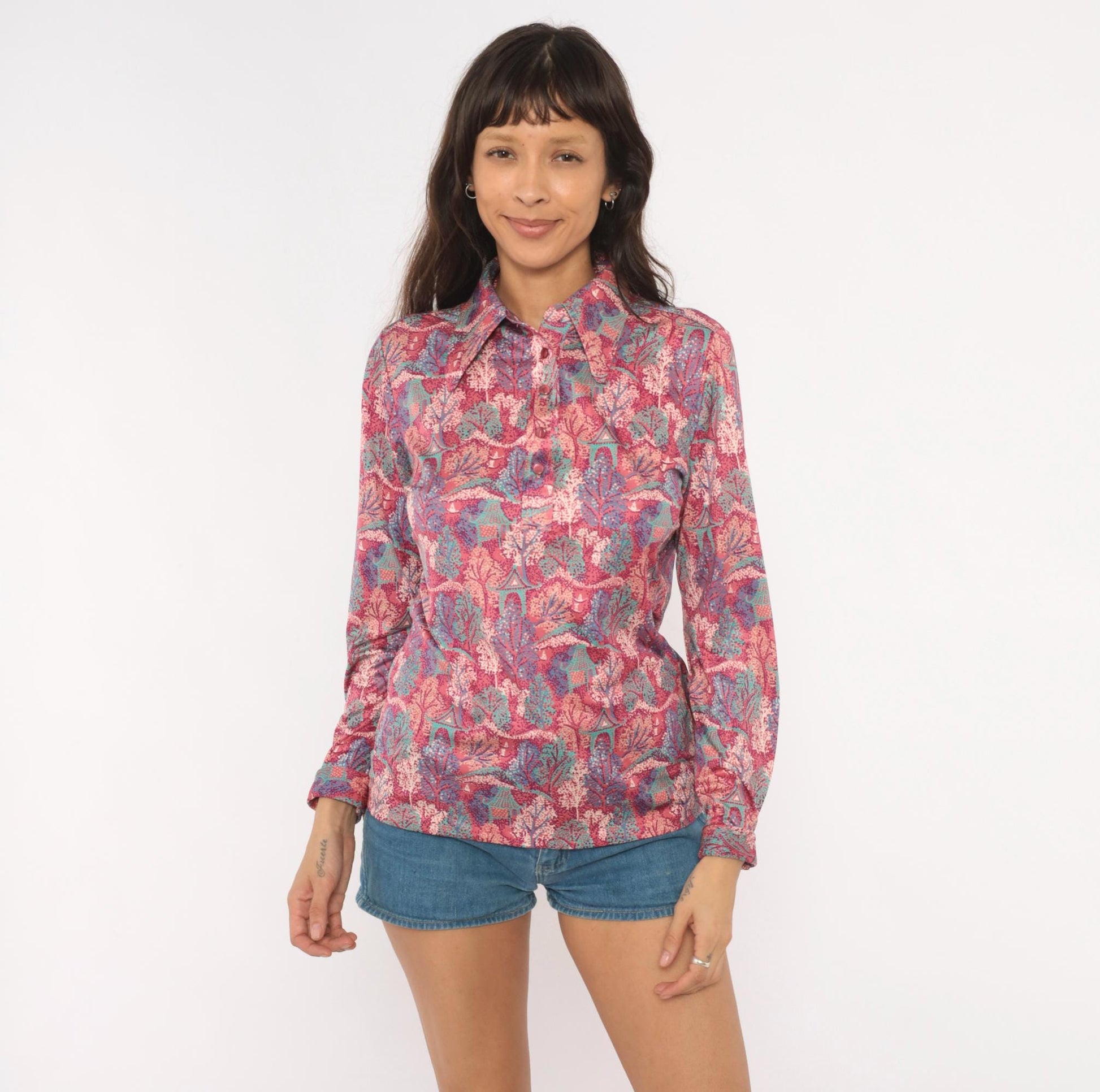 70s Pointillist Tree Blouse Pink Teal Woodland Polo Collar Bishop Sleeve Medium