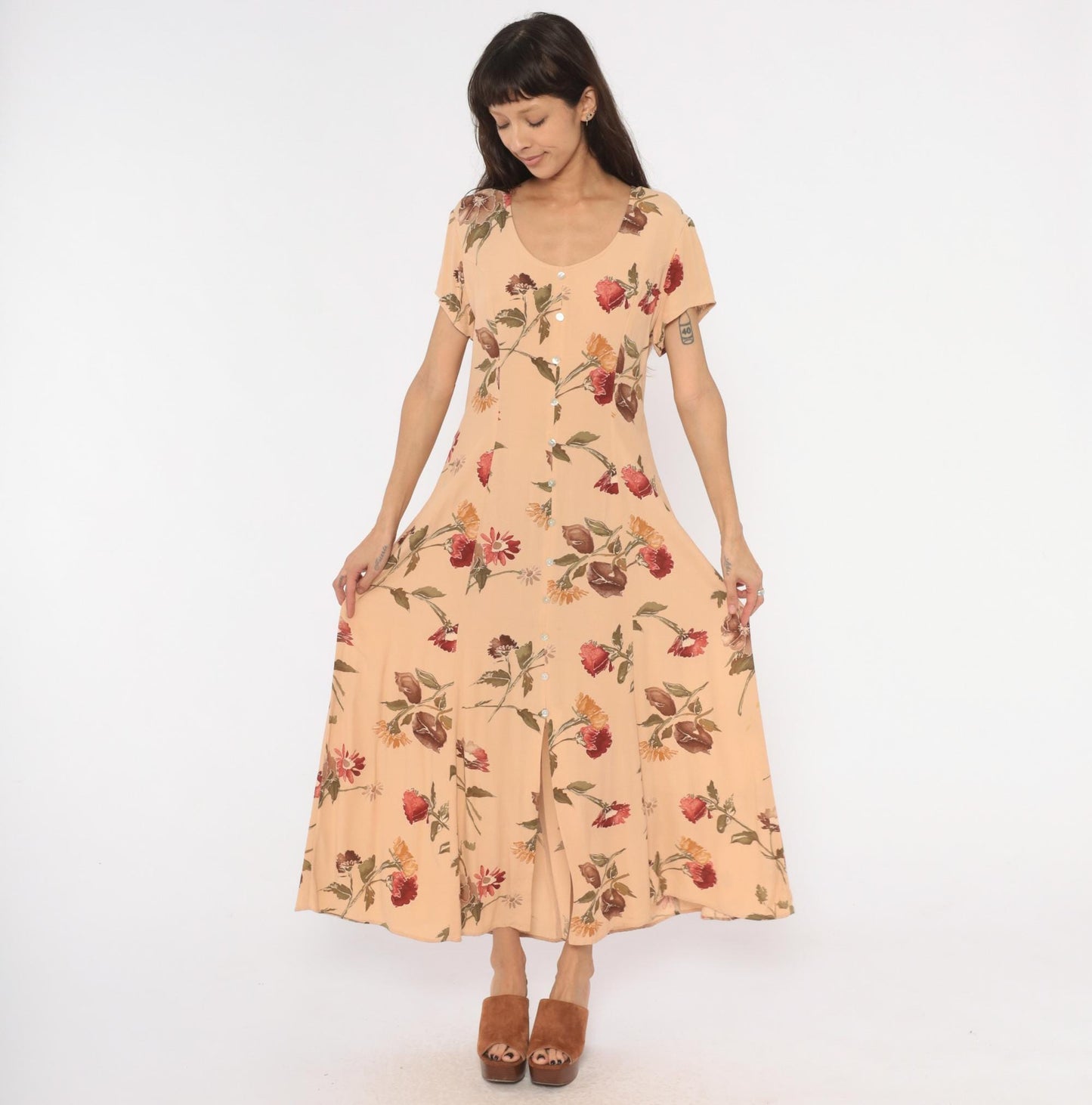 90s Jeffery & Dara Floral Maxi Dress Peach Button Front Scoop Neck Large L