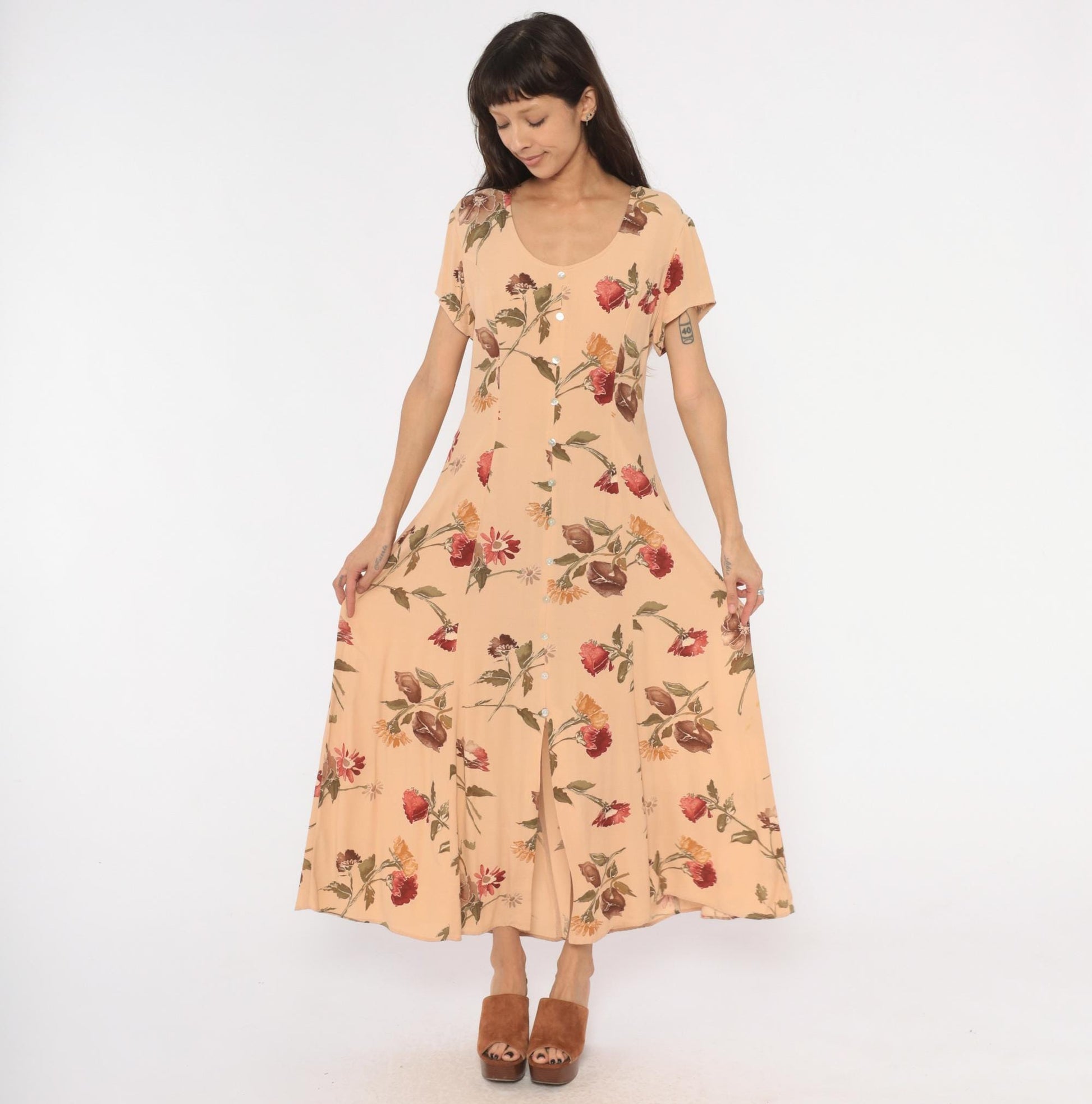 90s Jeffery & Dara Floral Maxi Dress Peach Button Front Scoop Neck Large L
