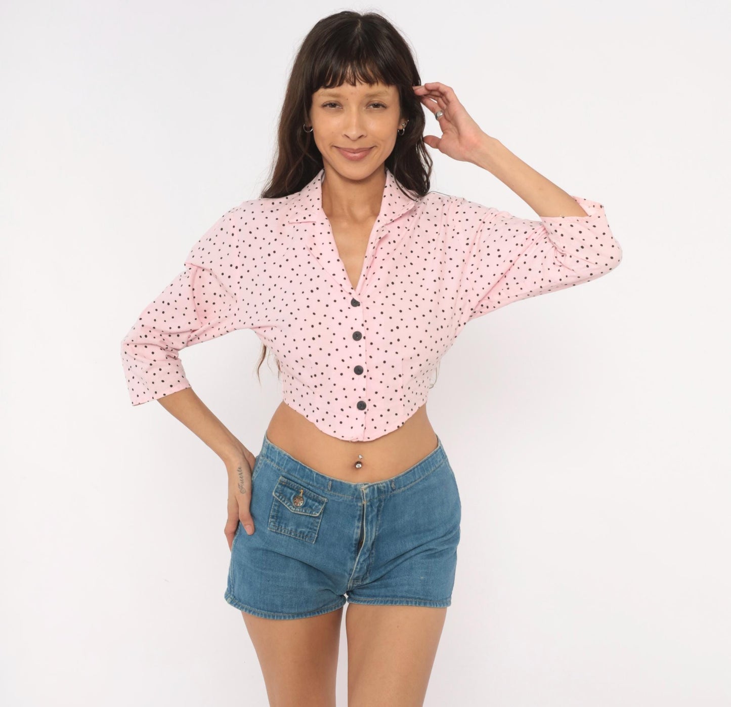 90s Sitting Pretty Pink Black Polka Dot Crop Top Cotton Button Front Small S