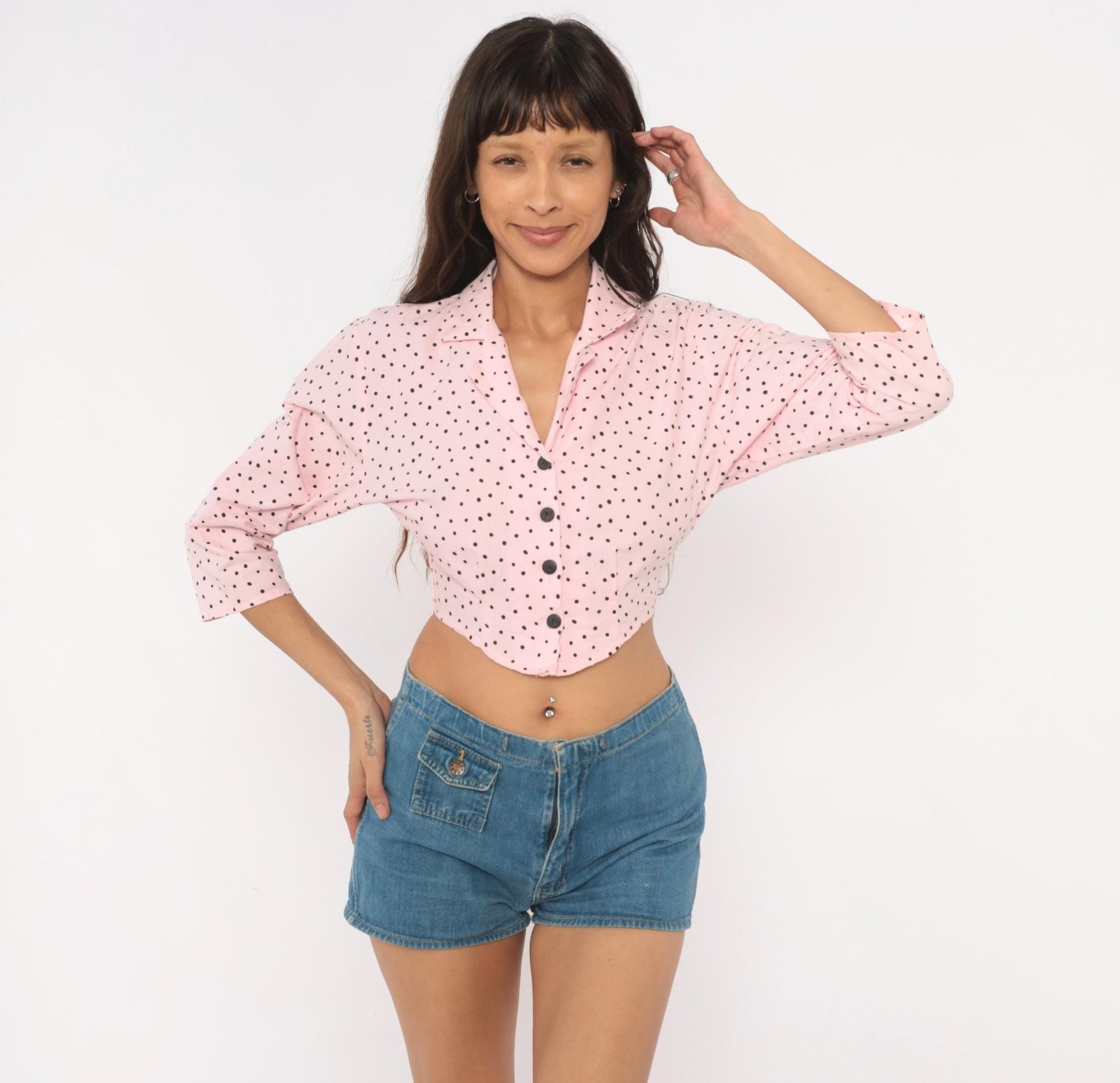 90s Sitting Pretty Pink Black Polka Dot Crop Top Cotton Button Front Small S