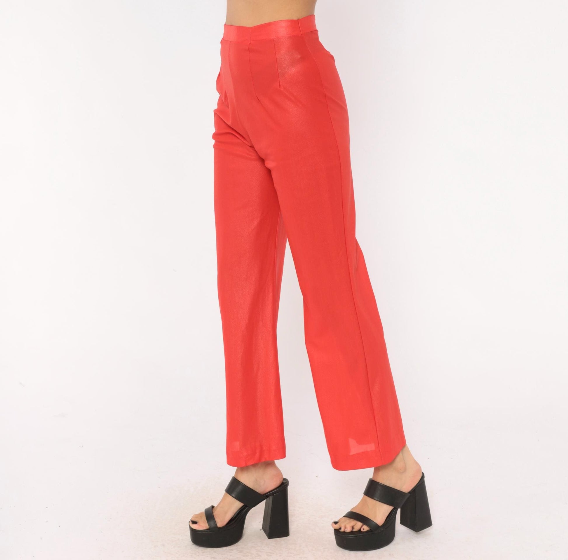 70s Habella Neon Coral Flare Pants High Waist Bell Bottom Acetate XS