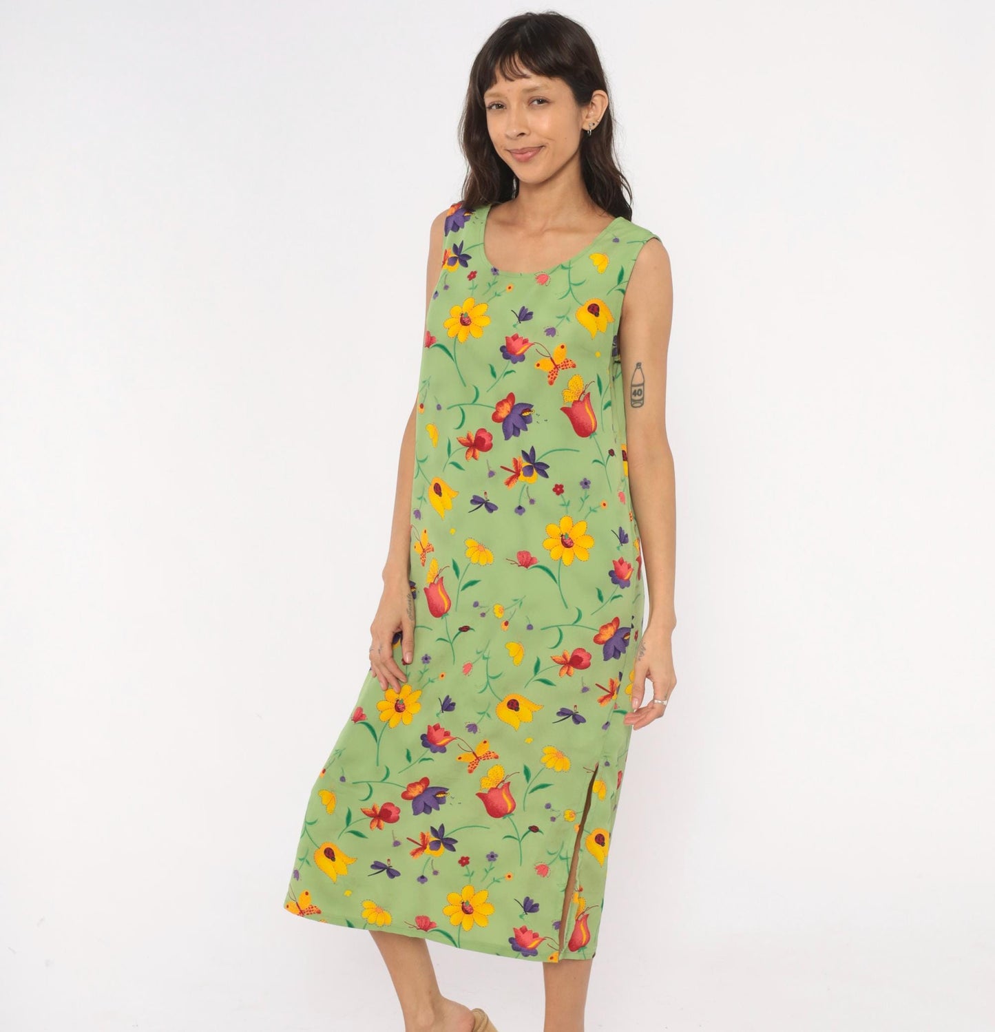 90s Sag Harbor Garden Print Midi Dress Sage Green Floral Petite Large