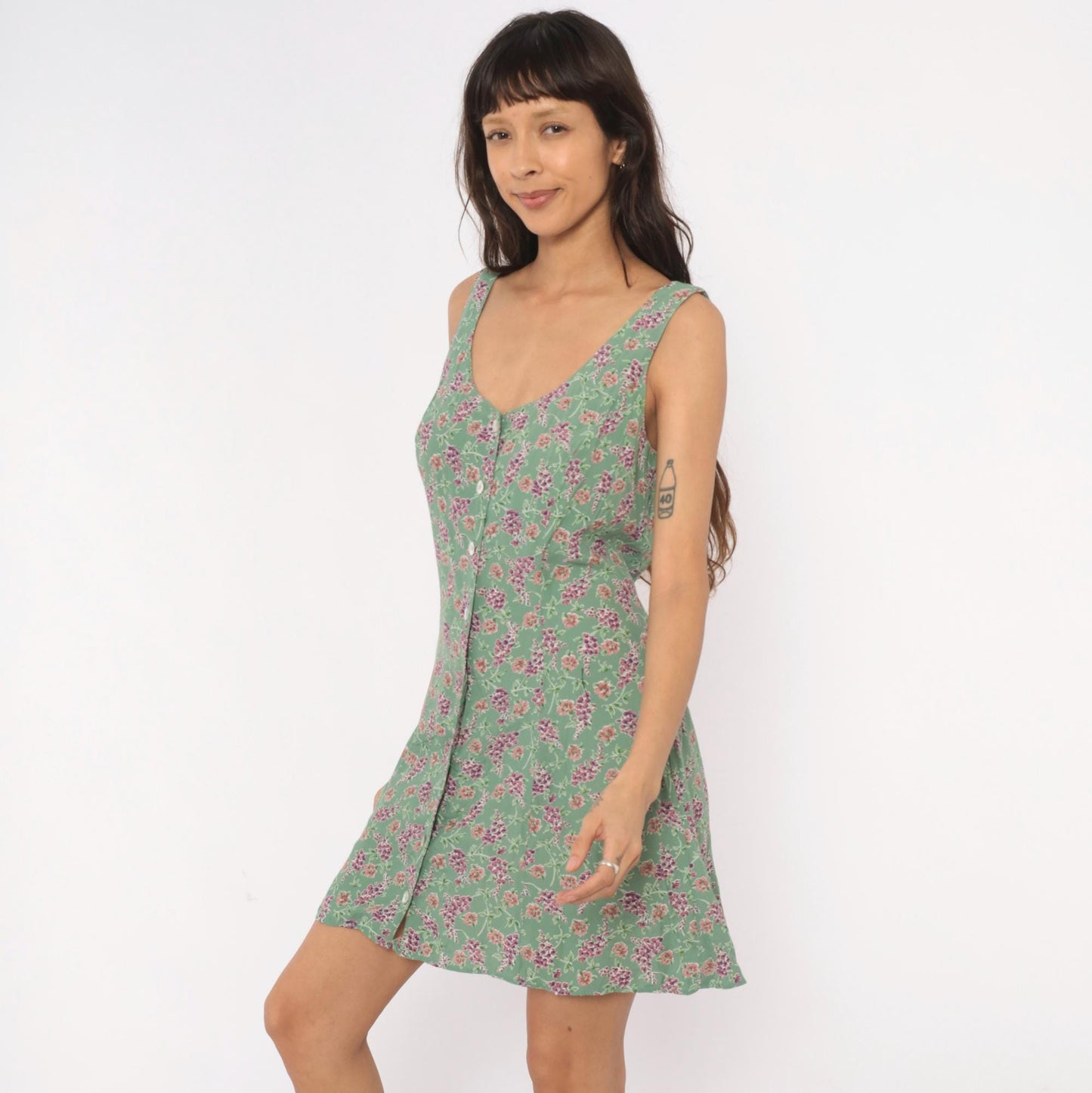 90s Robbie Bee Floral Mini Sundress Sage Green Button Front Large