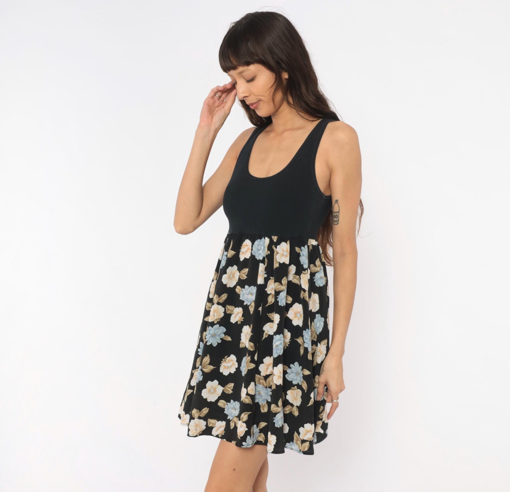 90s Floral Babydoll Mini Tank Dress Black Blue Cream Medium M