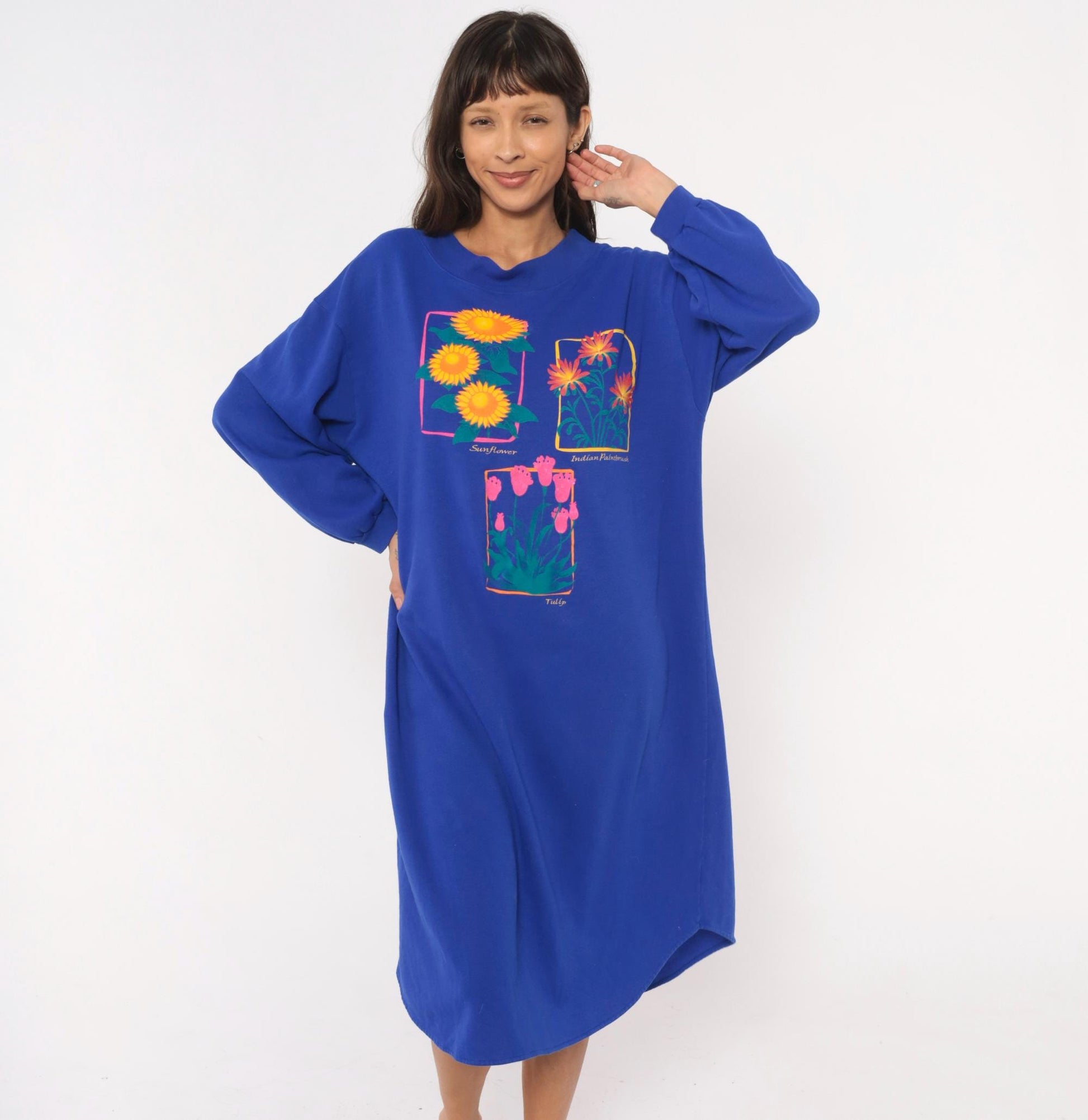 90s Leisure Wear Floral Sweatshirt Dress Cobalt Blue Balloon Sleeve Midi