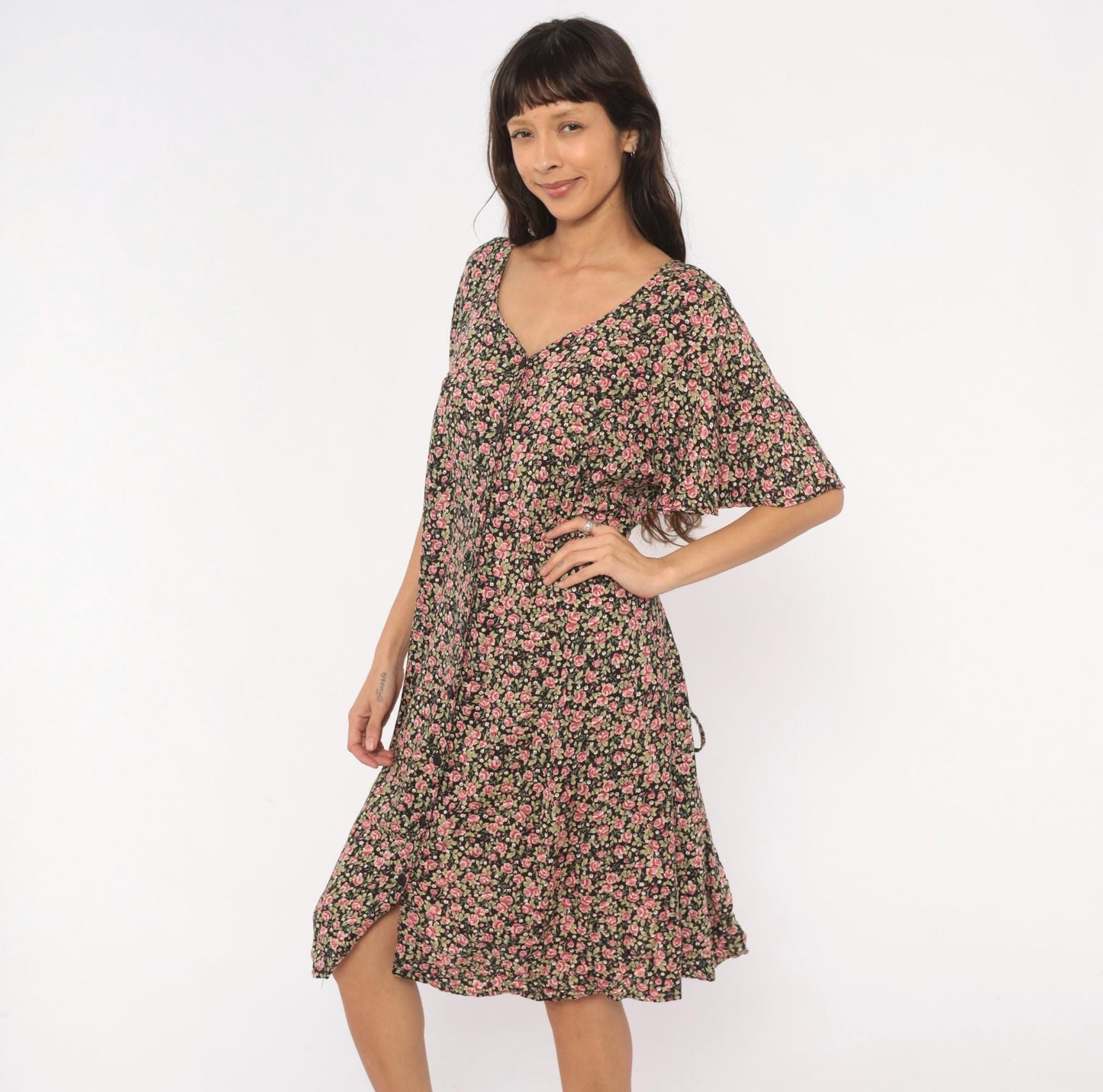90s Ulterior Motives Floral Dress Black Pink Rose Print V Neck Flutter Sleeve Knee Length Large