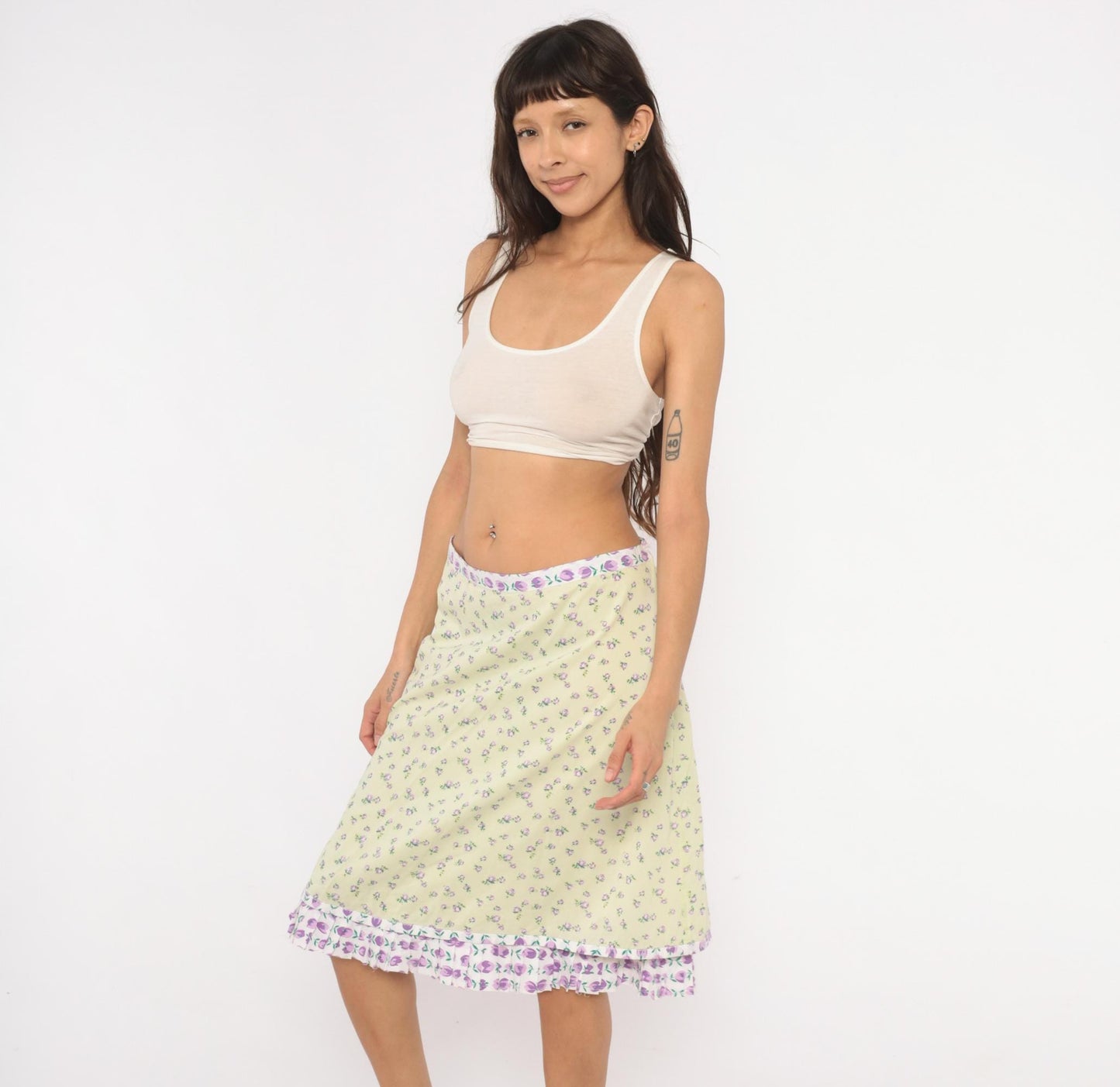 2000s Snak Floral A-Line Skirt Pale Green Purple Rose Print Knee-Length Medium M