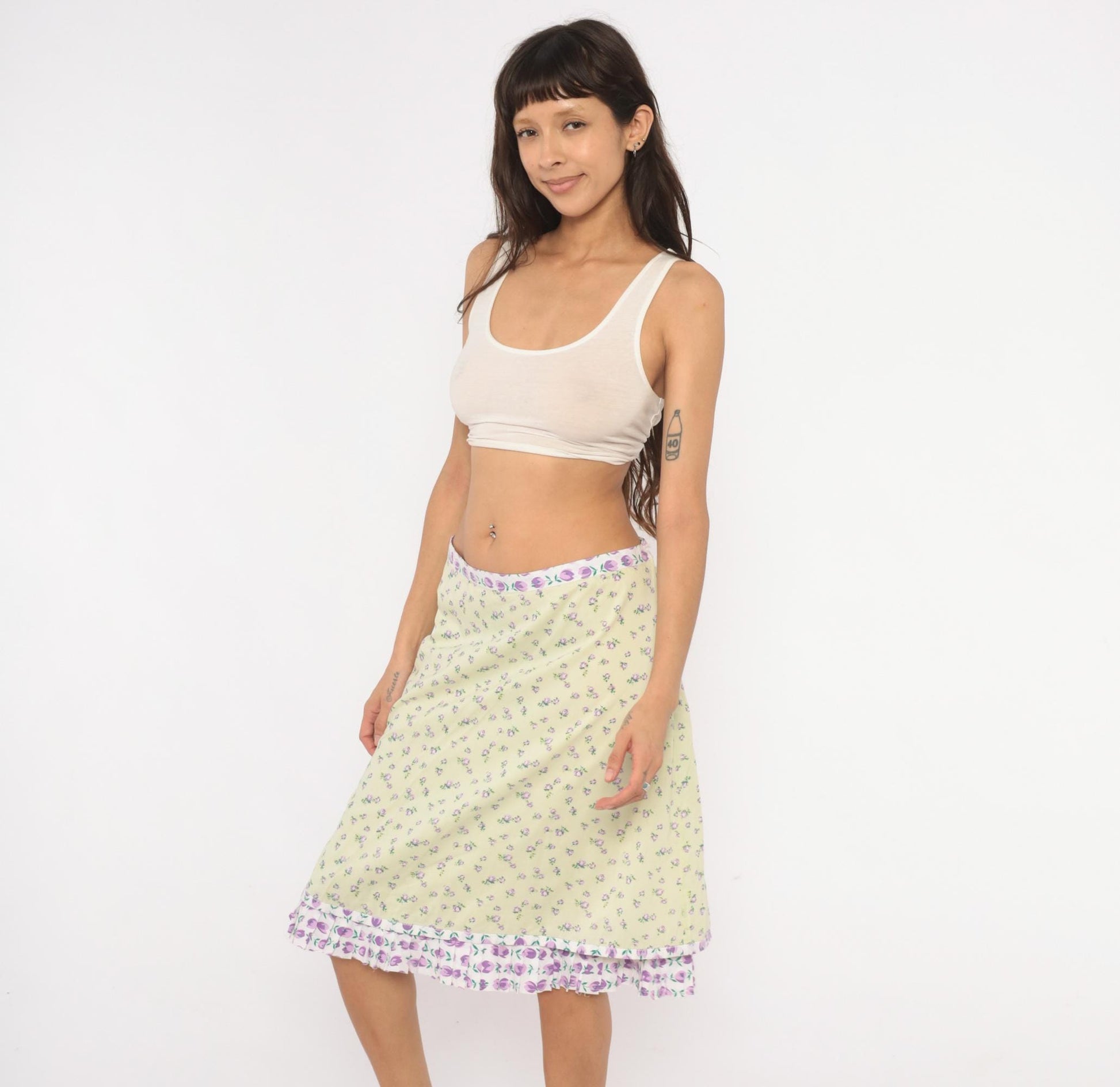 2000s Snak Floral A-Line Skirt Pale Green Purple Rose Print Knee-Length Medium M