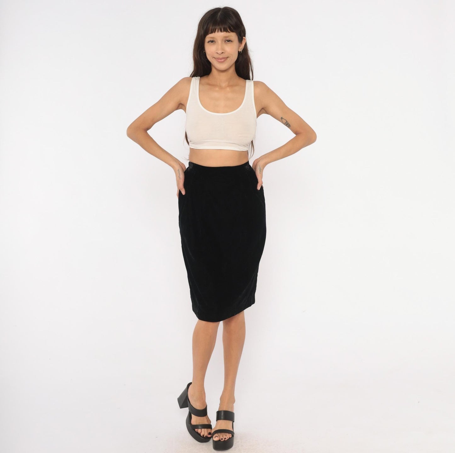 90s TanJay Black Velvet Pencil Skirt Knee-Length Small S