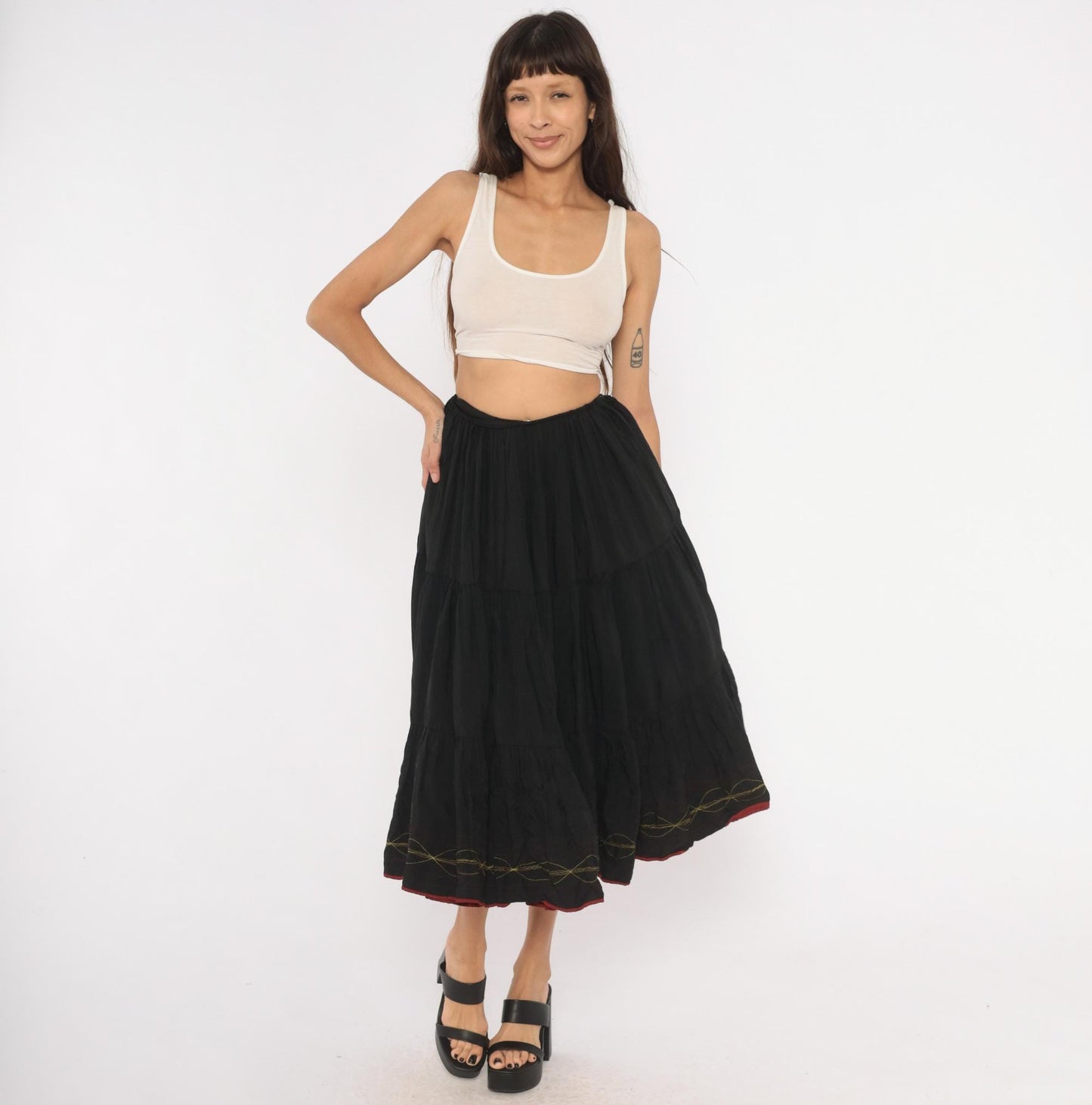 60s Black Tiered Midi Skirt Gold Embroidered Gathered Waist Acetate Extra Small XS