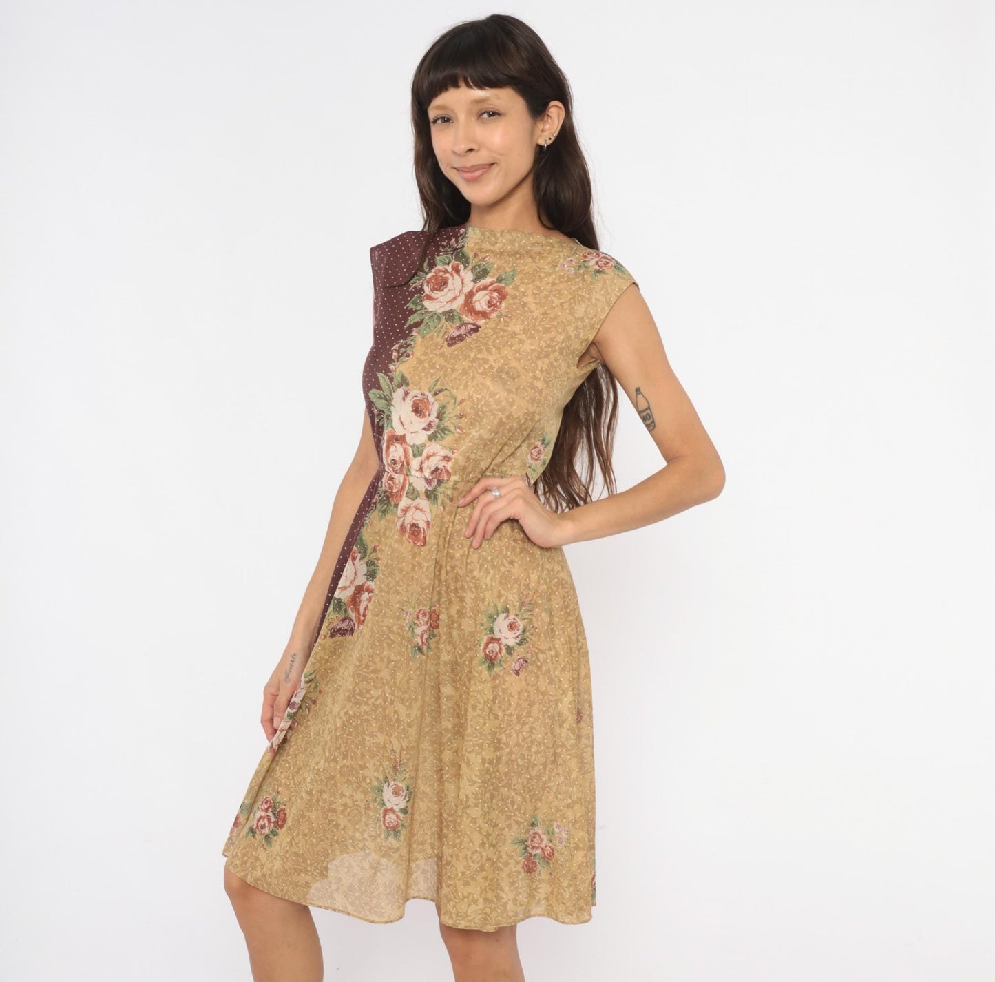 80s Melissa Petites Floral Polka Dot Dress Tan Burgundy Cap Sleeve Small
