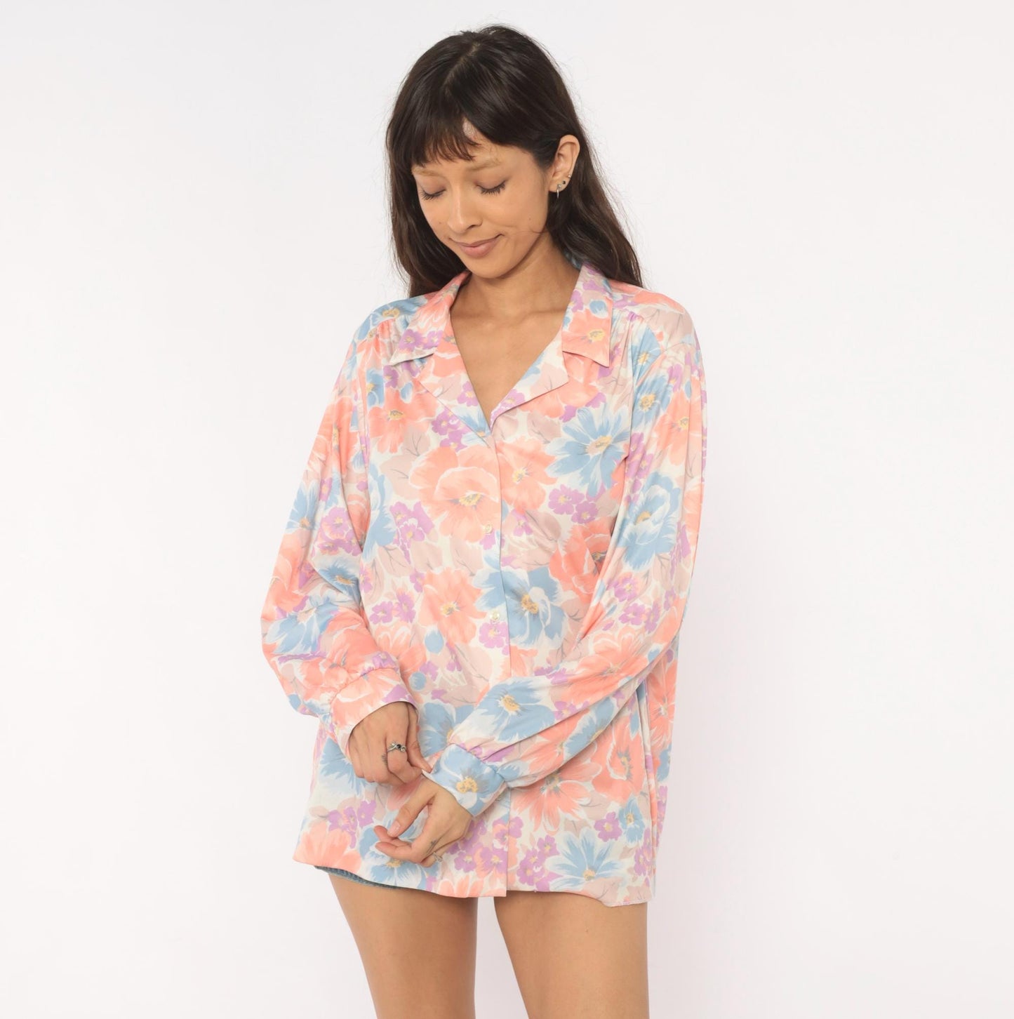 80s The Fire Islander Woman Floral Button Blouse Coral Periwinkle Large L