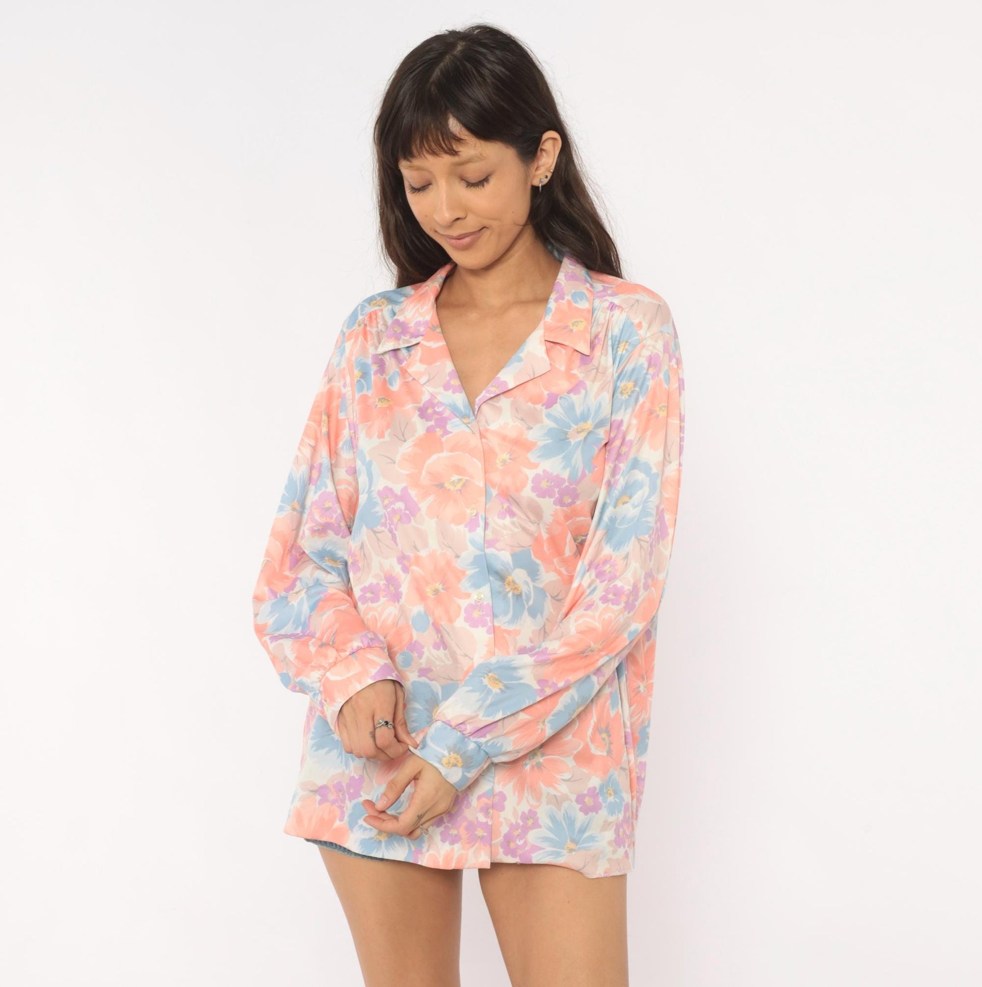 80s The Fire Islander Woman Floral Button Blouse Coral Periwinkle Large L