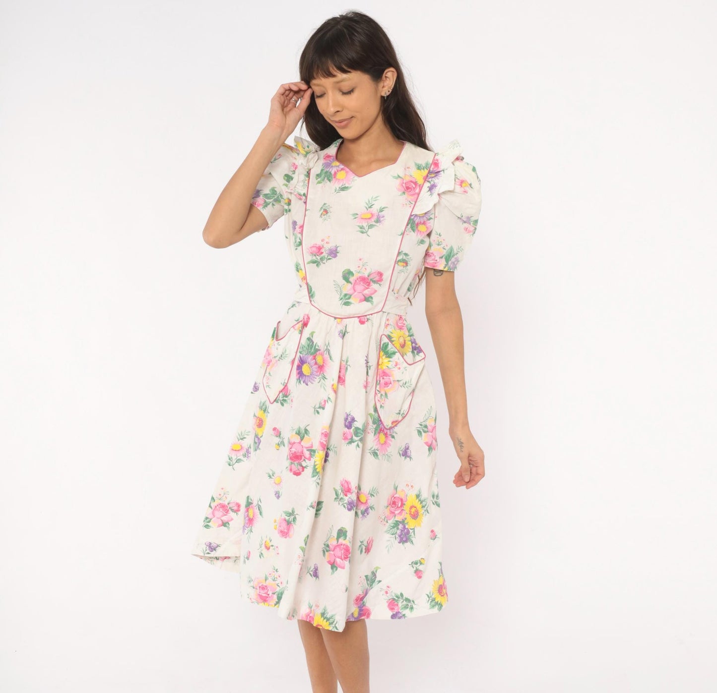 1950s Floral Cotton Dress Puff Sleeve V-Neck Pink White Rose Print Medium