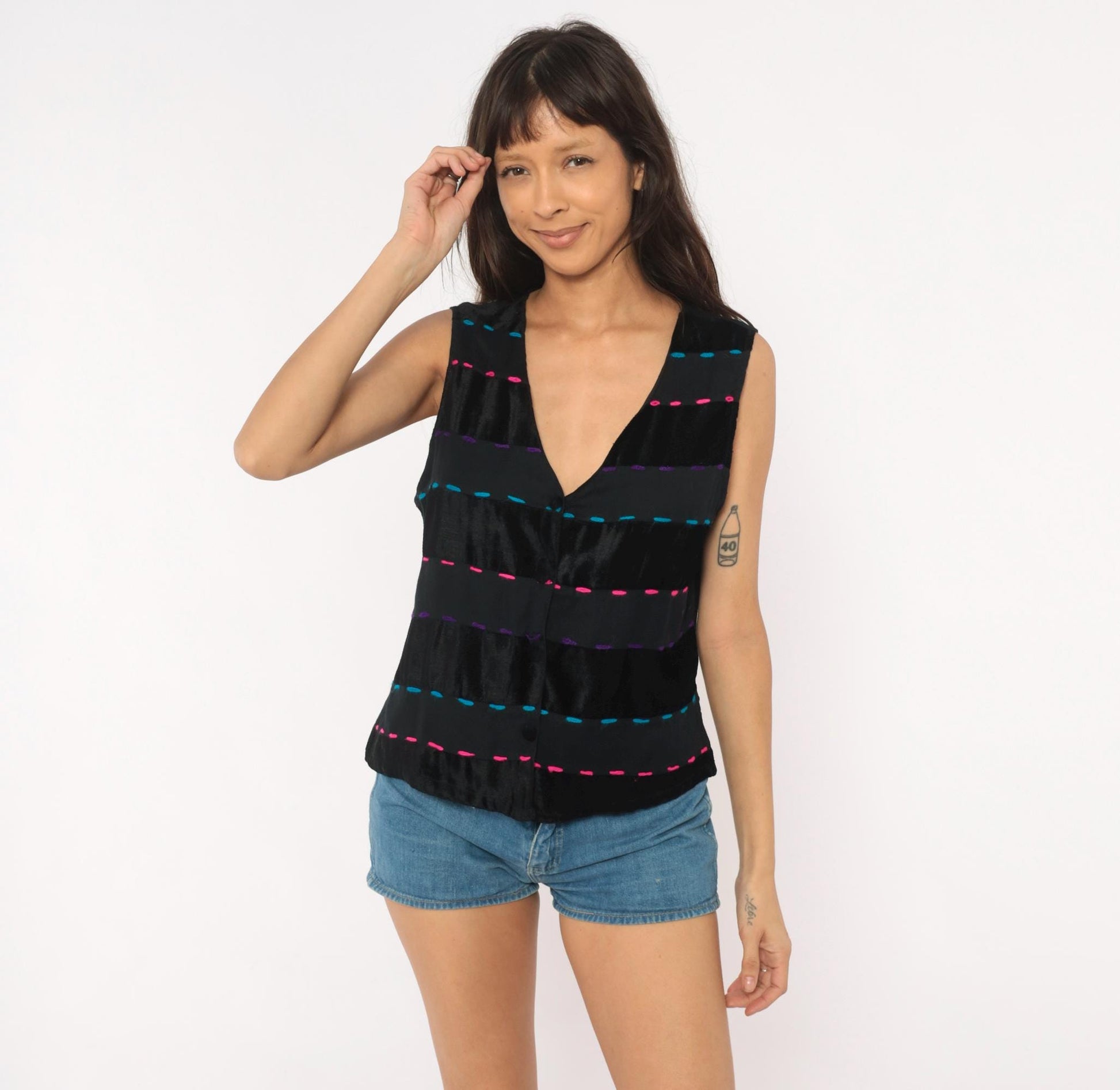90s Willow Ridge Black Sleeveless Blouse Velvet Embroidered V Neck Small Petite