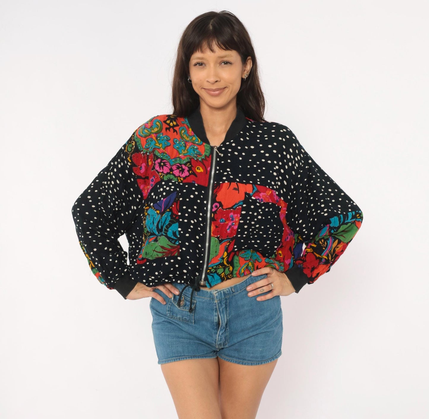 90s Tarazzia Patchwork Bomber Jacket Sequin Polka Dot Floral Small