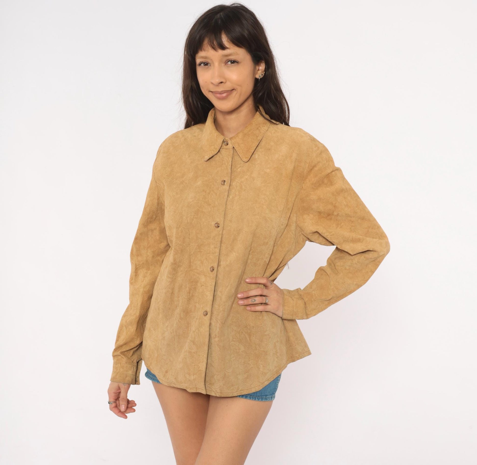 2000s Coldwater Creek Suede Shirt Embossed Floral Camel Button-Front Large L