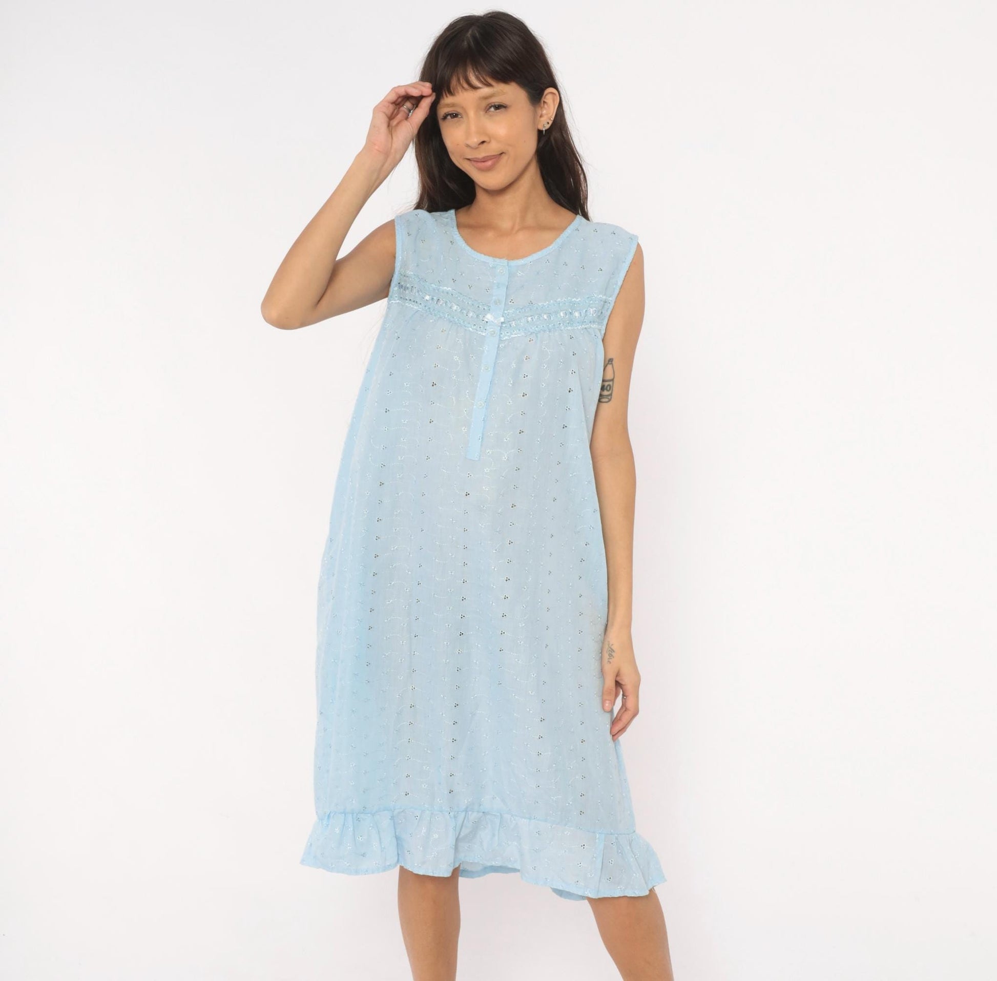 80s Lali Fashion Sky Blue Eyelet Nightgown Babydoll Sleeveless Large L