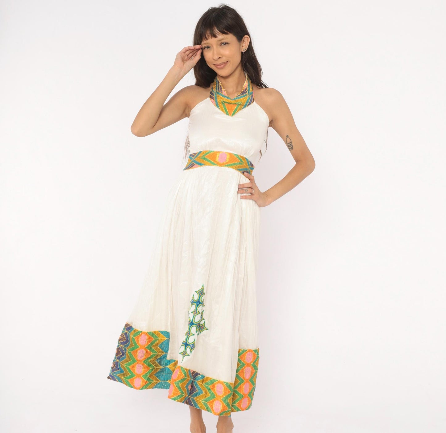 90s White Cotton Gauze Halter Midi Dress Embroidered Cross Geometric Trim Small